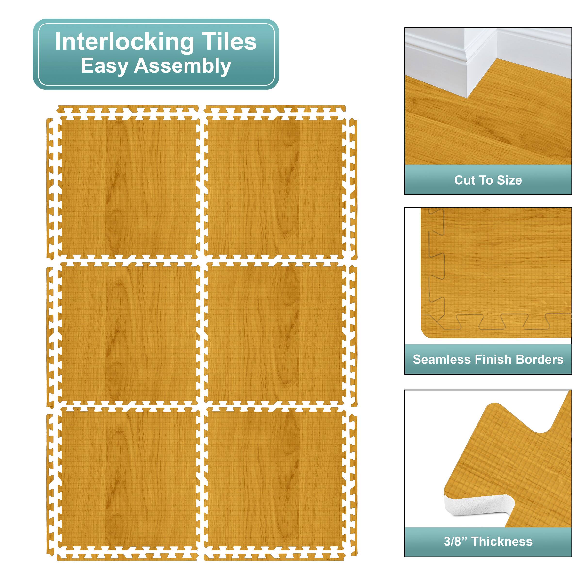 Interlocking Tiles  
Easy Assembly  
Cut To Size  
Seamless Finish Borders  
3/8" Thickness