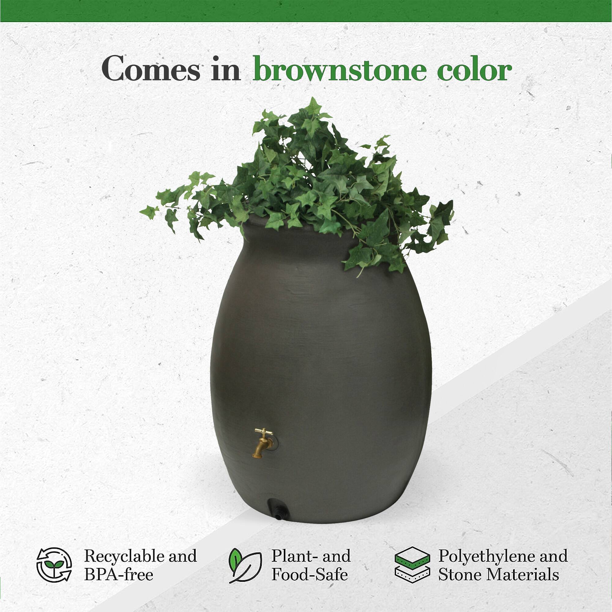 Comes in brownstone color. Recyclable and BPA-free. Plant- and Food-Safe. Polyethylene and Stone Materials.