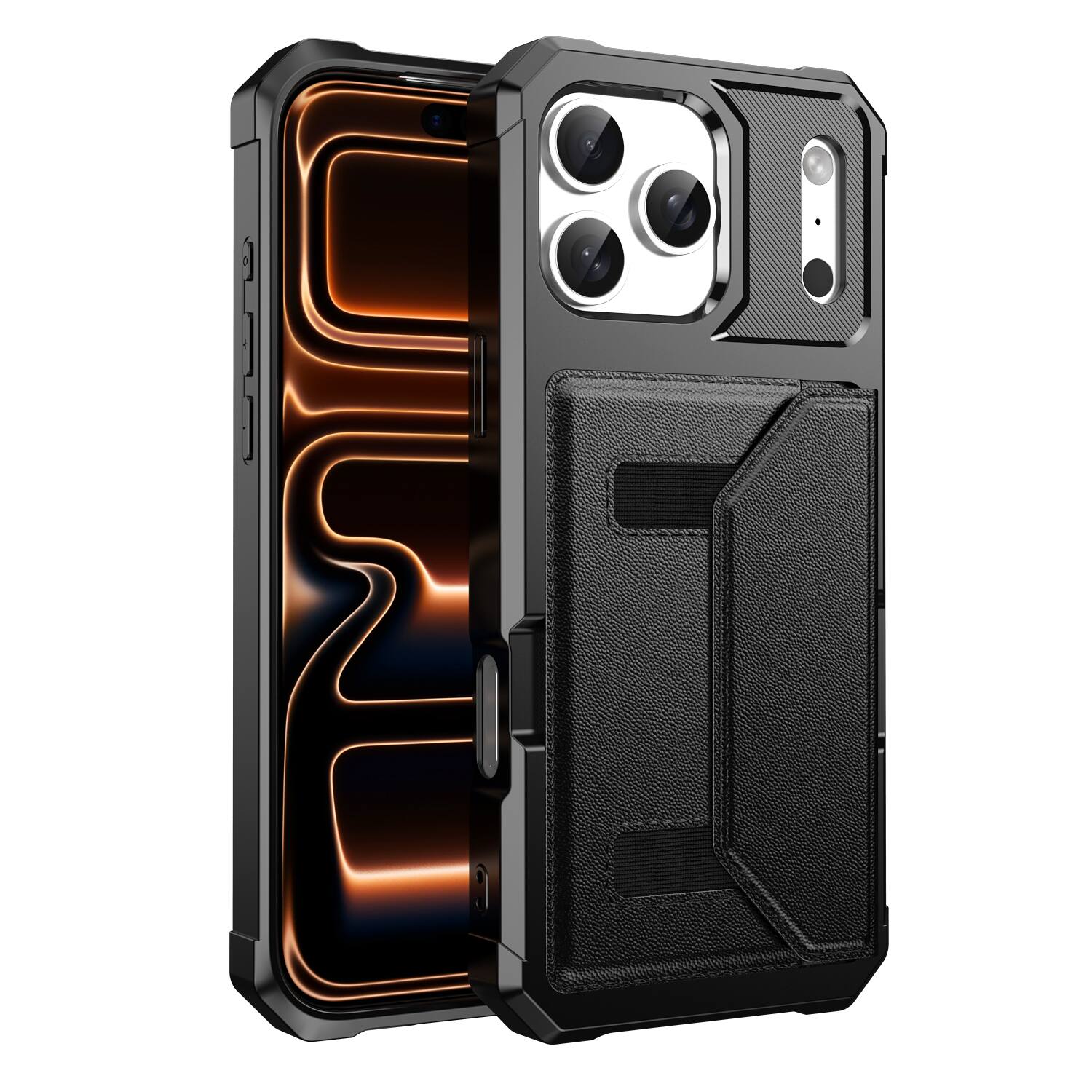 Angle. UUCOVER - Rugged Wallet Case for Apple iPhone 17 Pro with Card Holder Slot, Magnetic Closure, Shockproof PU Leather Phone Cover - Black.