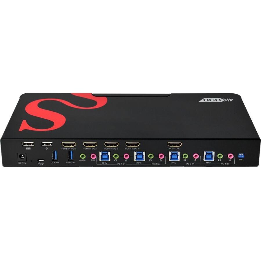 Sure, here is the corrected and grouped text from the image:

- HDMI in PC 1
- HDMI in PC 2
- HDMI in PC 3
- HDMI in PC 4
- HDMI Out
- HDR 4K
- x 12V
- Micro USB
- USB 3.0
- USB 3.0
- Audio
- Mit
- 5547
- PC in
- 894g
- C PC2 In
- +Pez
- C in
- 59
- C PC4In
- FW