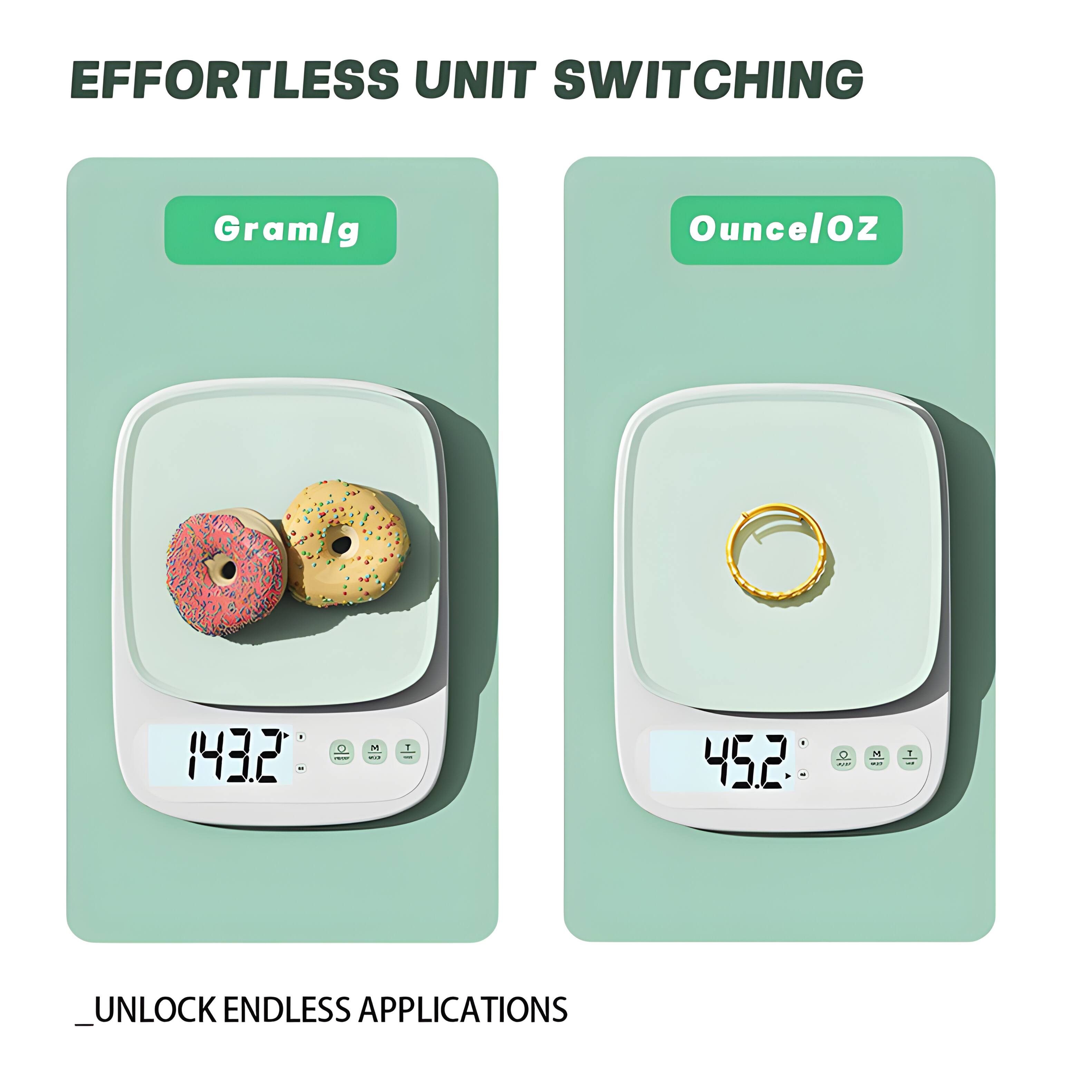 EFFORTLESS UNIT SWITCHING

Gram/g 143.2

Ounce/OZ 45.2

UNLOCK ENDLESS APPLICATIONS