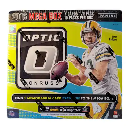 4 CARDS PER PACK
2016 MEGA BOX
PANINI
10 PACKS PER BOX
AGES 9+
OPTIC
ONRUSS
Aaron Rodgers
FIND 1 MEMORABILIA CARD EXCLUSIVE TO THE MEGA BOX
to be the Super Bowl LI
Kyd Reporter
NO PURCHASE NECESSARY SEE PACK FOR DETAILS
NFLPA