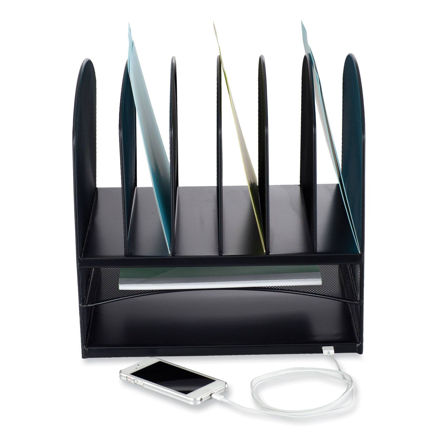 Angle. Safco - Safco Powered Onyx Desk Organizer with 2 Horizontal and 6 Upright Sections, Letter Size Files, 13.5 x 11.5 x 13, Black.