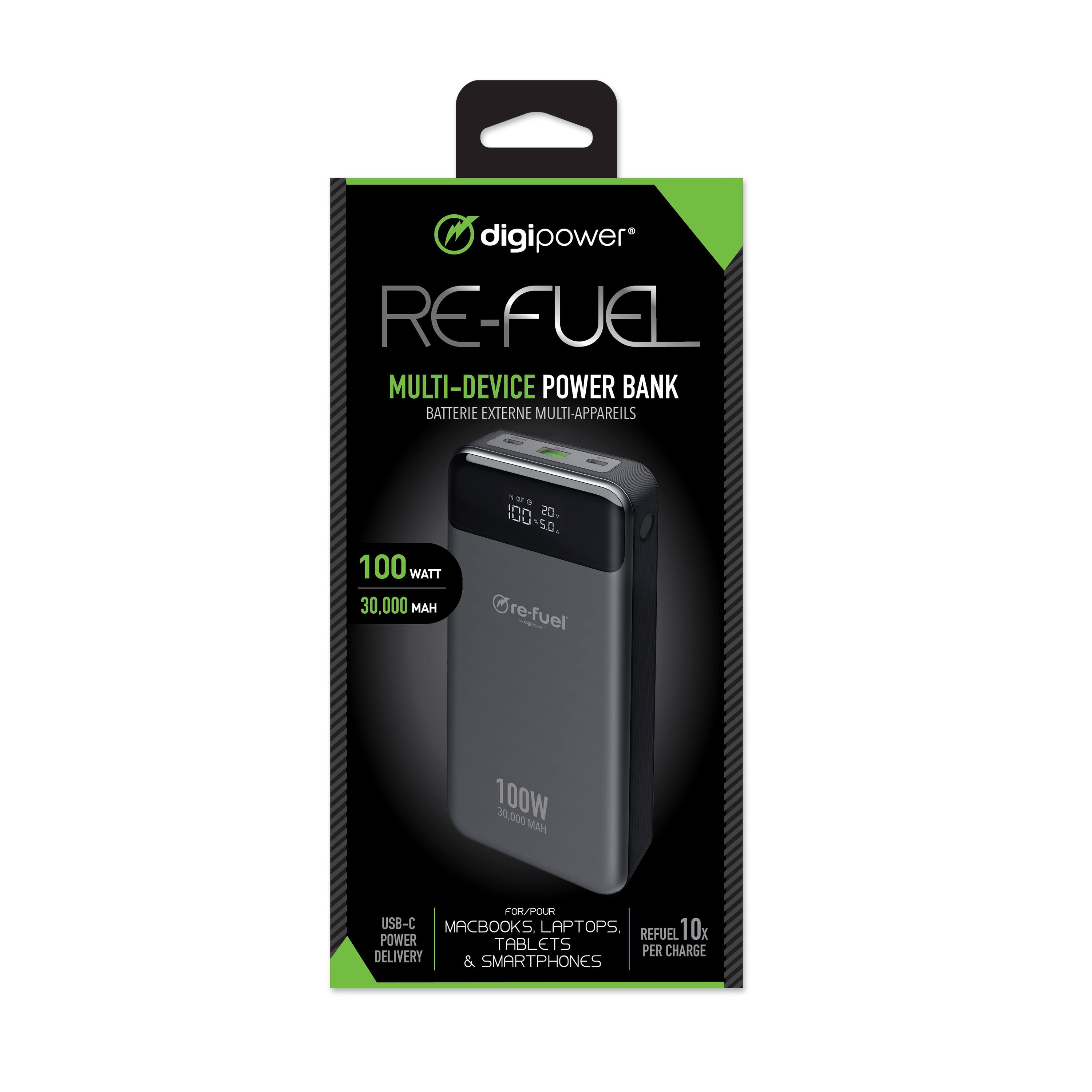 digipower RE-FUEL MULTI-DEVICE POWER BANK BATTERIE EXTERNE MULTI-APPAREILS 100 WATT 30.000 MAH ... 100 00-So. 20. 5.0. re-fuel 100W 30.000 MAH FOR/POUR USB-C MACBOOKS LAPTOPS 10x POWER REFUEL TABLETS PER CHARGE DELIVERY & SMARTPHONES