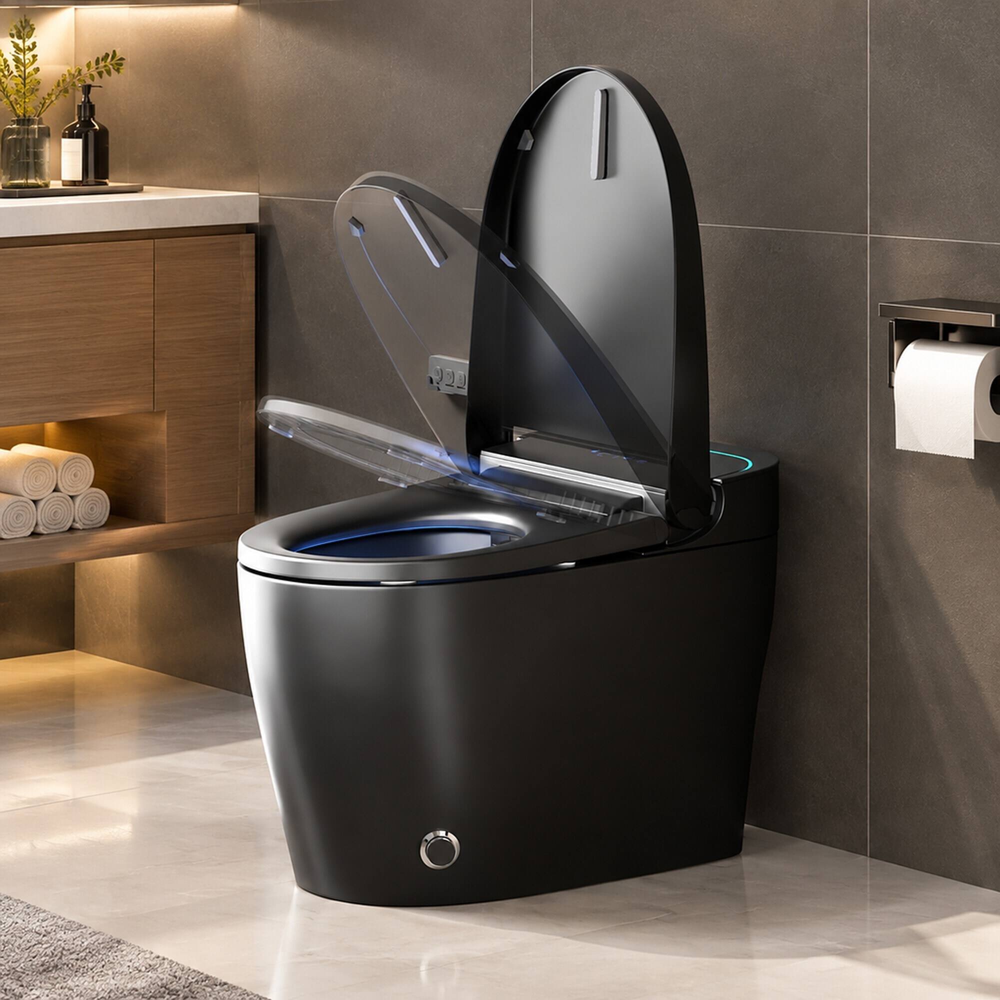 Back. RYHNUYNE - Unique One Piece Smart Bidet Toilet, Auto Open Close Seat Warm Water Dryer For Modern Bathroom In Deep Black - Black.