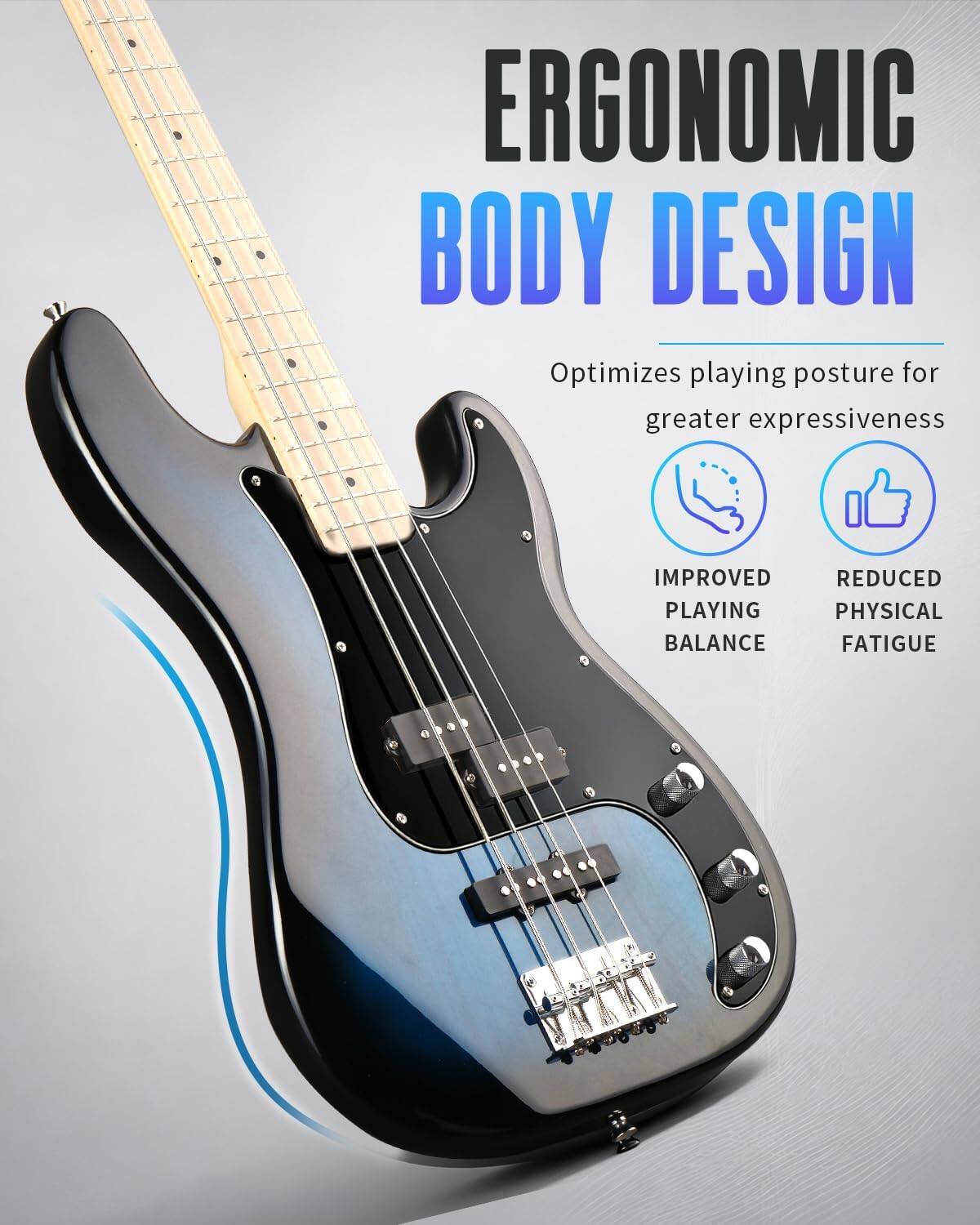ERGONOMIC BODY DESIGN  
Optimizes playing posture for greater expressiveness

IMPROVED PLAYING BALANCE  
REDUCED PHYSICAL FATIGUE