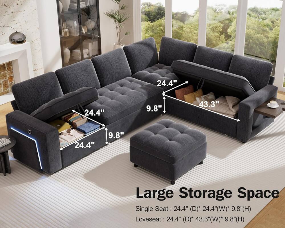The text in the image can be grouped and corrected as follows:

**Dimensions:**
- Single Seat: 24.4" (D) x 24.4" (W) x 9.8" (H)
- Loveseat: 24.4" (D) x 43.3" (W) x 9.8" (H)

**Image Labels:**
- 24.4"
- 9.8"
- 43.3"
- 24.4"
- 9.8"
- 4"

**Text on Image:**
- Large Storage Space
- Single Seat: 24.4" (D) x 24.4" (W) x 9.8" (H)
- Loveseat: 24.4" (D) x 43.3" (W) x 9.8" (H)