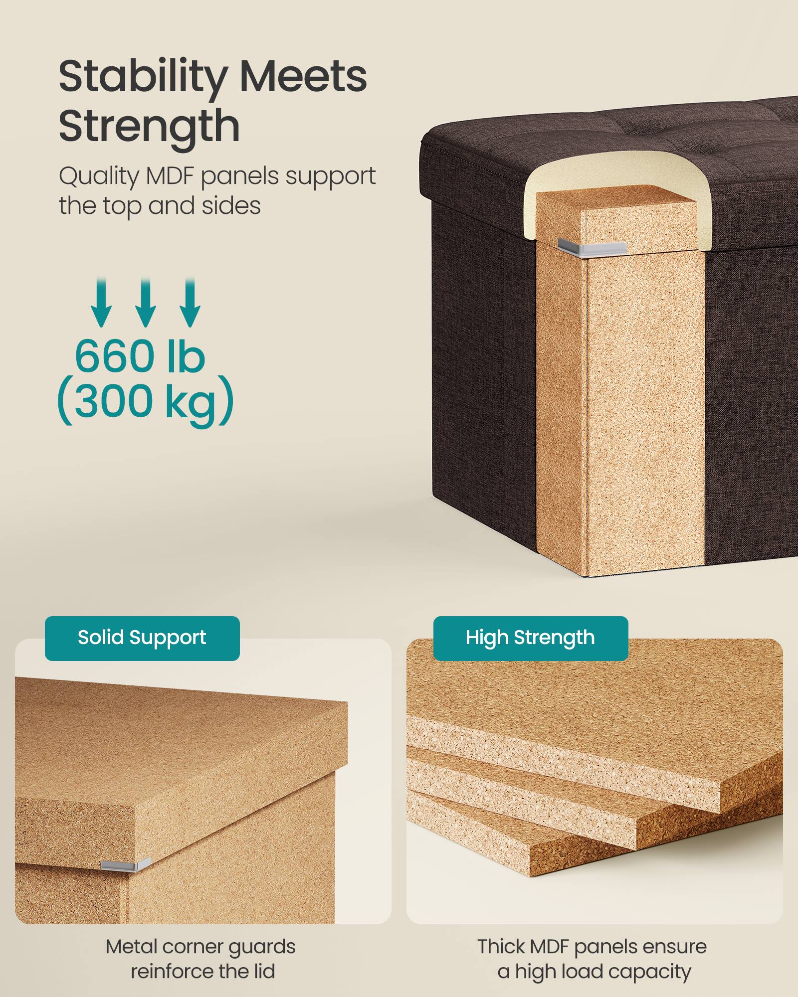 Stability Meets Strength

Quality MDF panels support the top and sides

660 lb (300 kg)

Solid Support

Metal corner guards reinforce the lid

High Strength

Thick MDF panels ensure a high load capacity