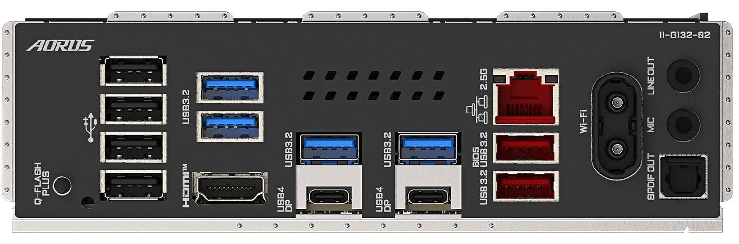 Aorus Q-Flash Plus USB 3.2 HOMI USB 3.2 USB 4 DP USB 3.2 USB 4 DP 2.5G BIOS USB 3.2 3.2 USB DORRALLO Wi-Fi 11-G132-02 OUT LINE MIC OUT SPDIF