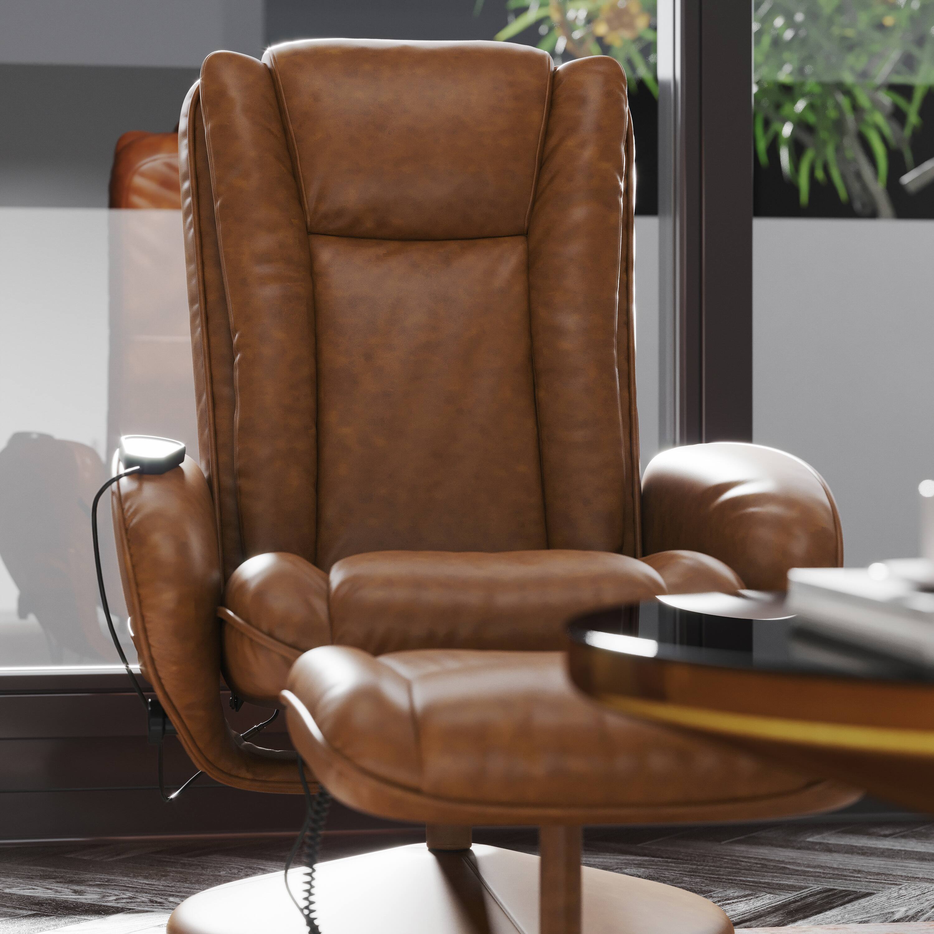 Alt View 4. Emma + Oliver - Massaging Multi-Position Plush Recliner with Side Pocket and Ottoman - Brown.
