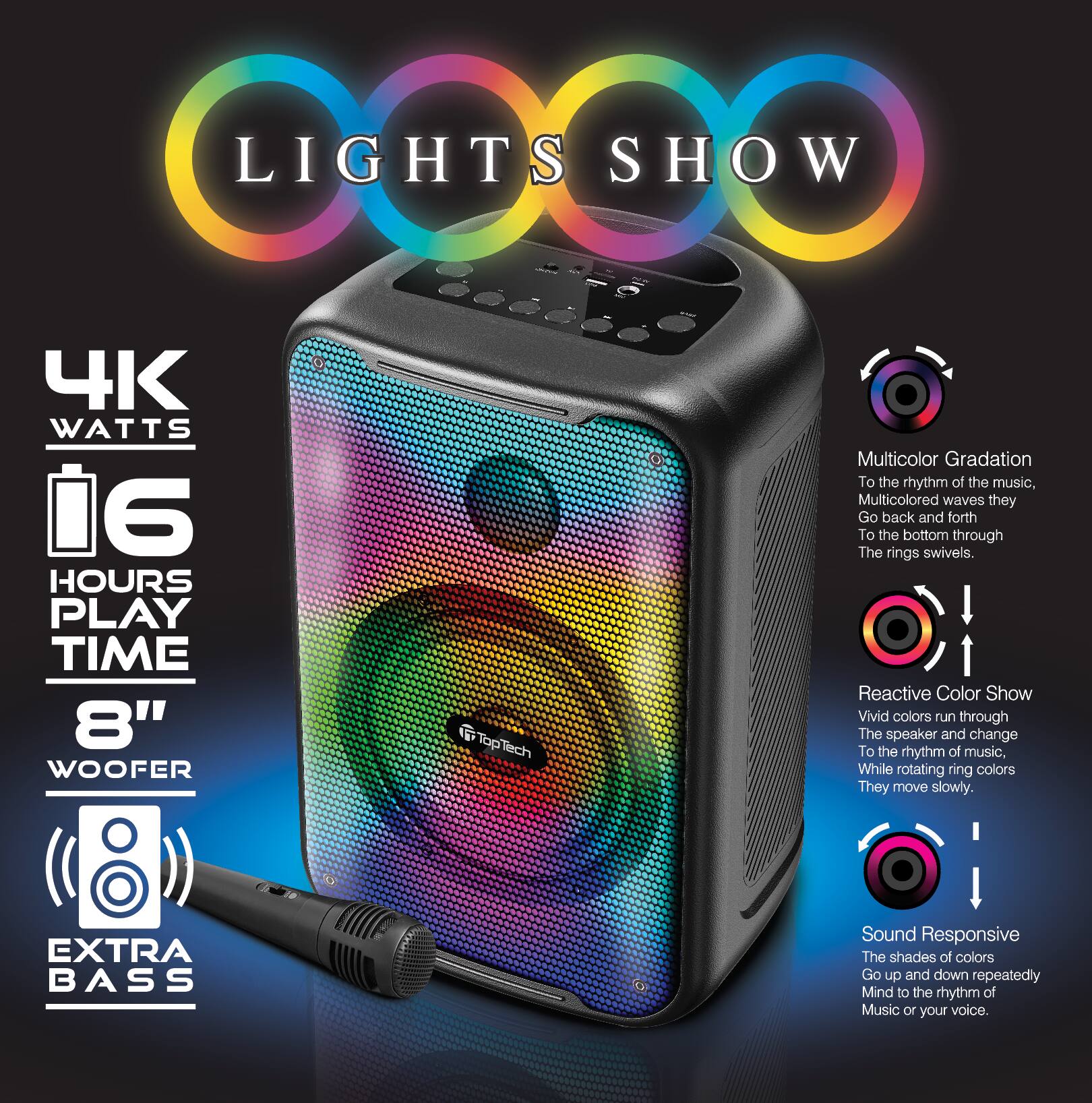 LIGHTS SHOW
4K WATTS
16 HOURS PLAY TIME
8" WOOFER
EXTRA BASS
TopTech
Multicolor Gradation
To the rhythm of the music, Multicolored waves they Go back and forth To the bottom through The rings swivels.
Reactive Color Show
Vivid colors run through The speaker and change To the rhythm of music, While rotating ring colors They move slowly.
Sound Responsive
The shades of colors Go up and down repeatedly Mind to the rhythm of Music or your voice.