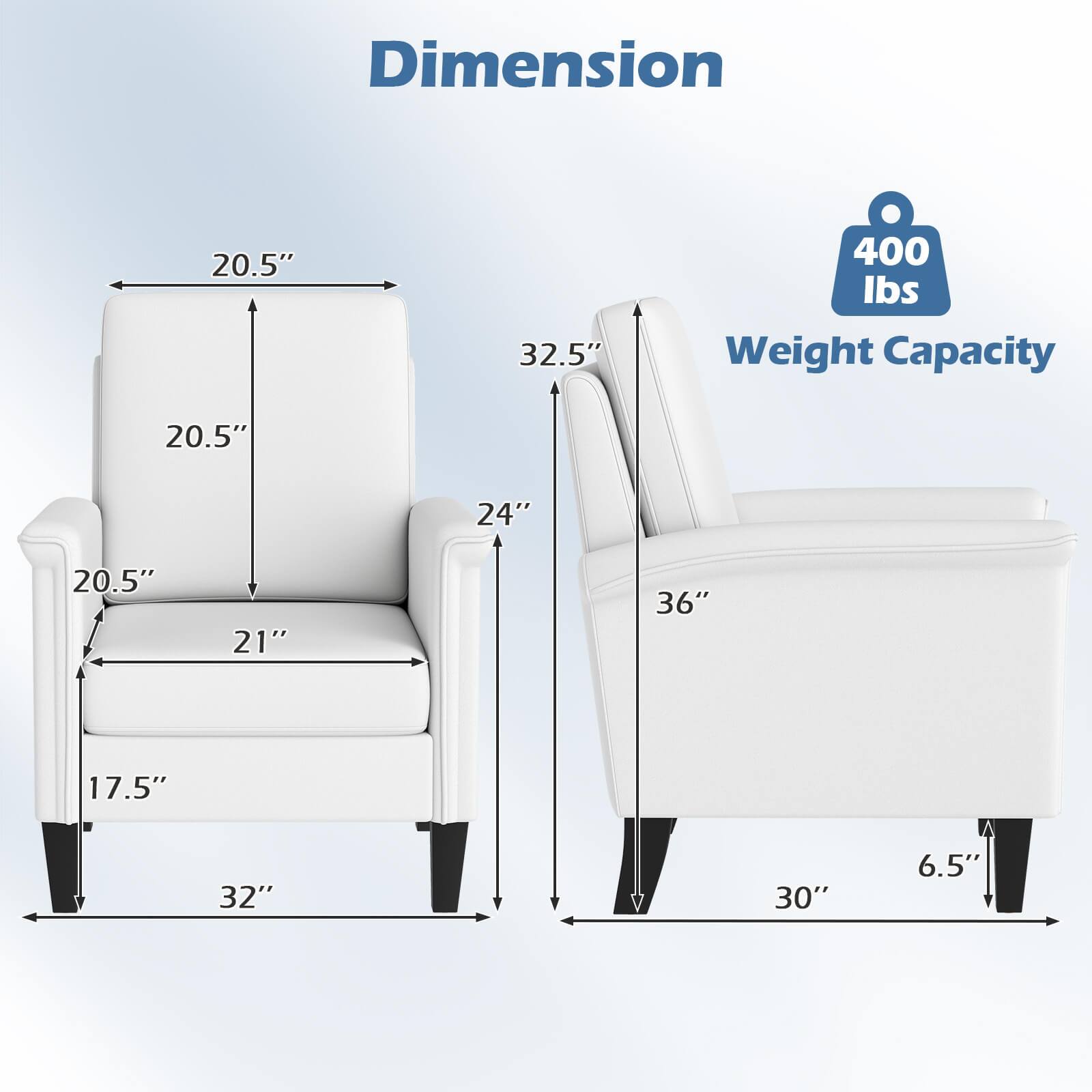 Dimension  
20.5" x 20.5" x 17.5" x 32"  
24" x 21" x 32.5" x 36" x 30" x 6.5"  

Weight Capacity  
400 lbs