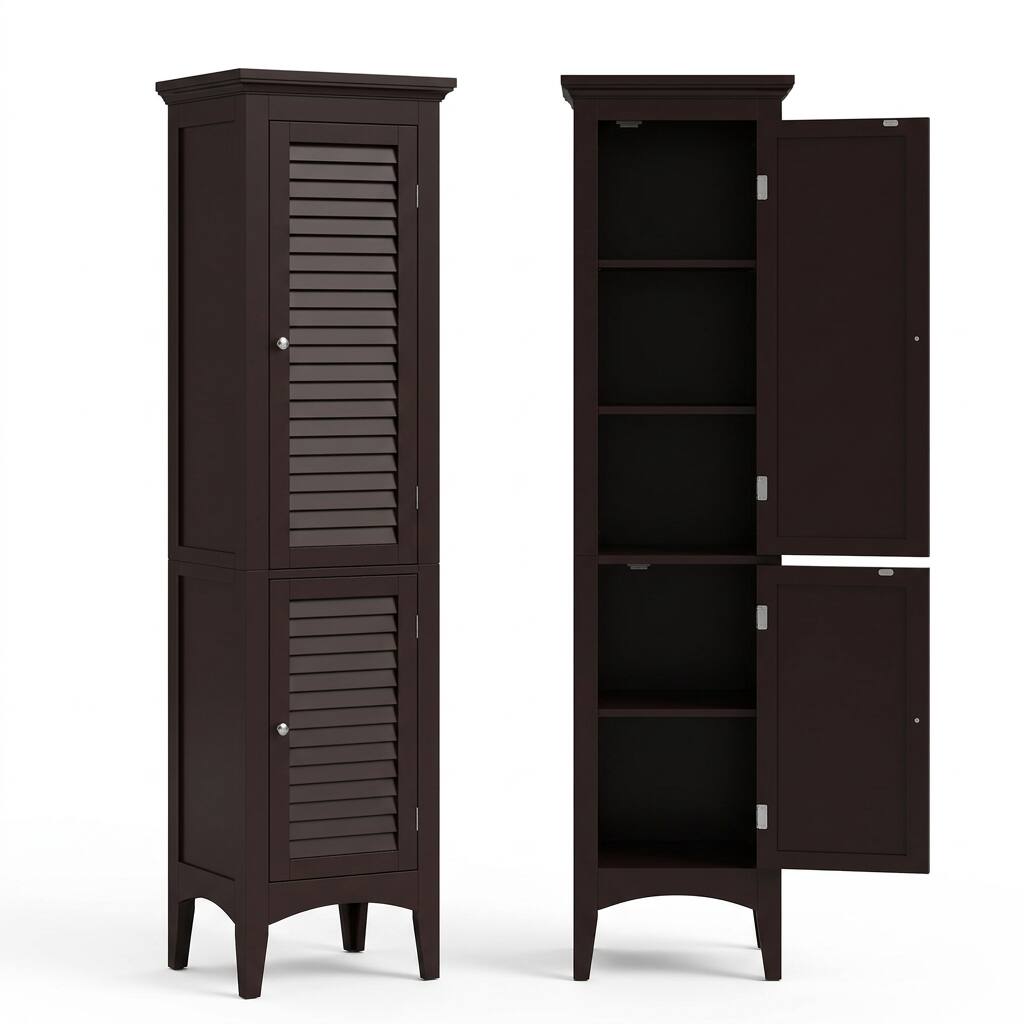 Angle. Teamson Home - Teamson Home Glancy Freestanding Linen Tower with Louvered Doors, Dark Brown - Brown.
