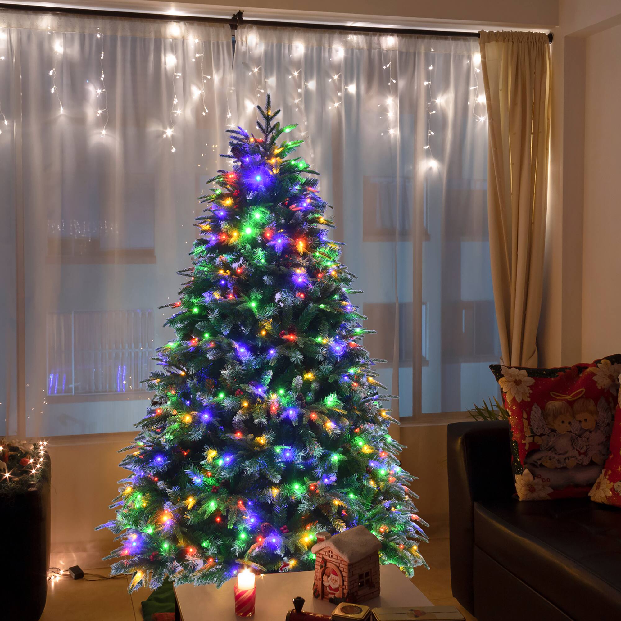 Alt View 13. Costway - 6ft Pre-Lit Snowy Christmas Hinged Tree 11 Flash Modes w/ 350 Multi-Color Lights - Green/White.
