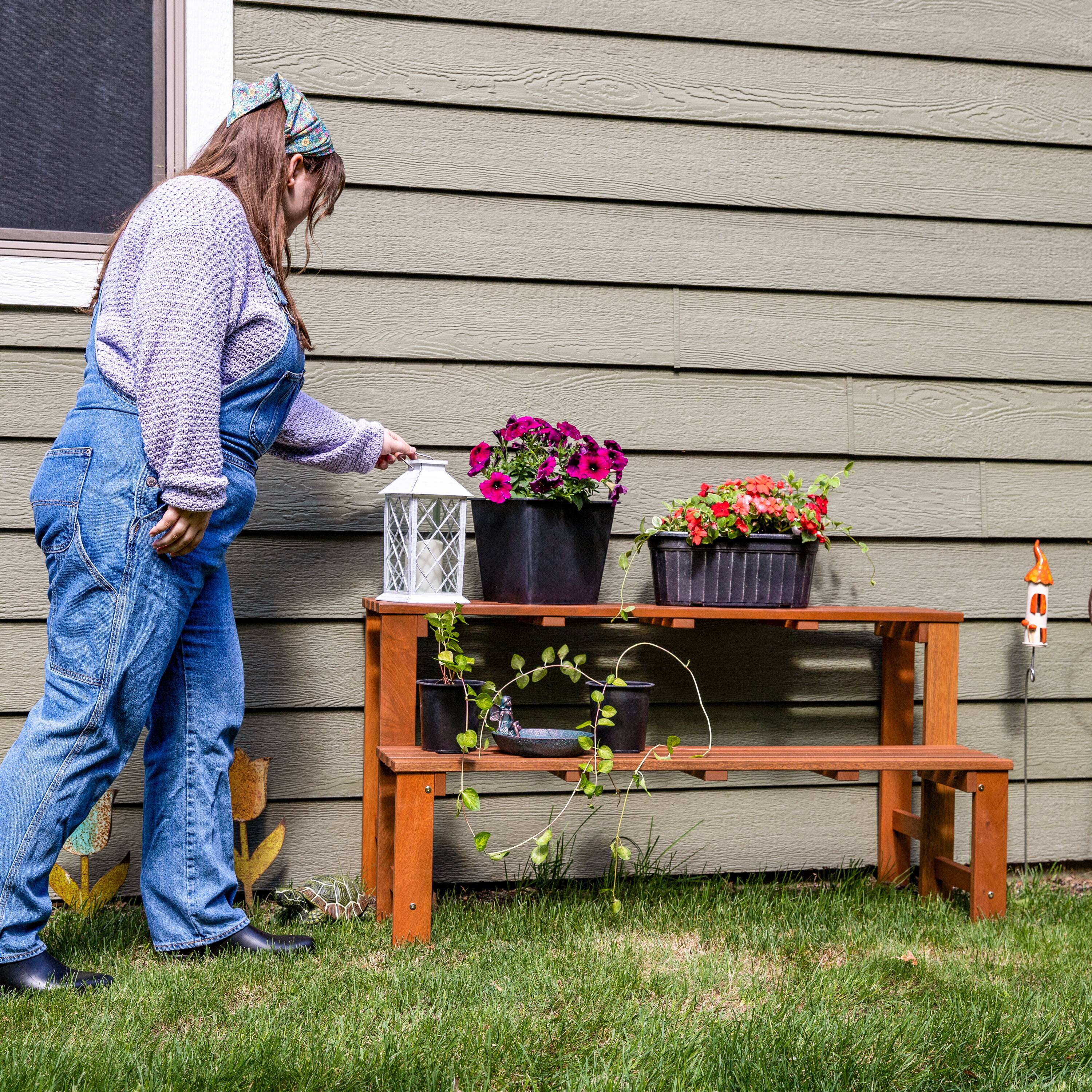 Alt View 4. Sunnydaze - 2-Tier Meranti Wood Plant Stand with Teak Oil Finish - 24 in - Brown.