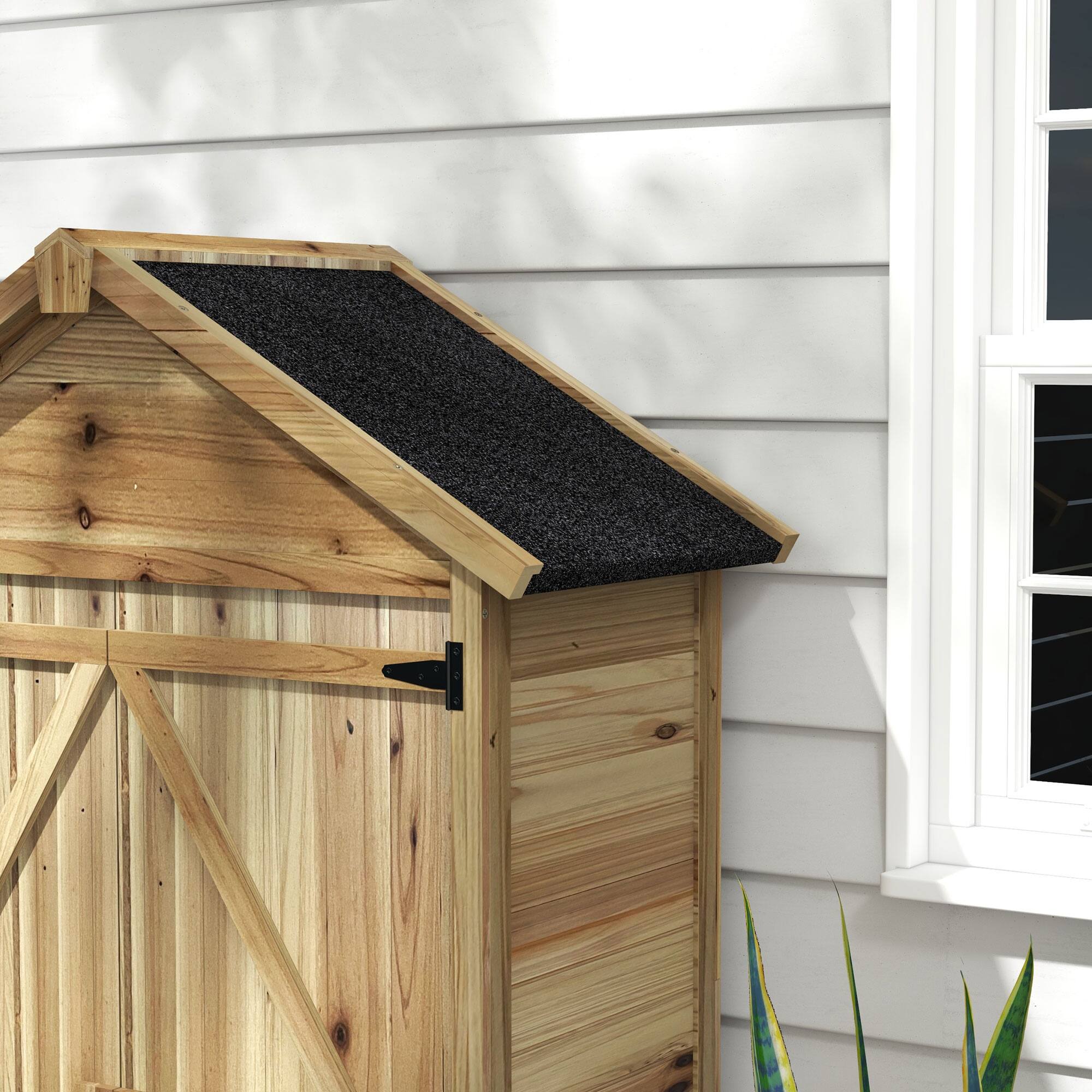 Alt View 7. Outsunny - Outdoor Storage Cabinet with Waterproof Asphalt Roof, Wooden Garden Shed with Double Lockable Doors and Shelves - Natural Wood.