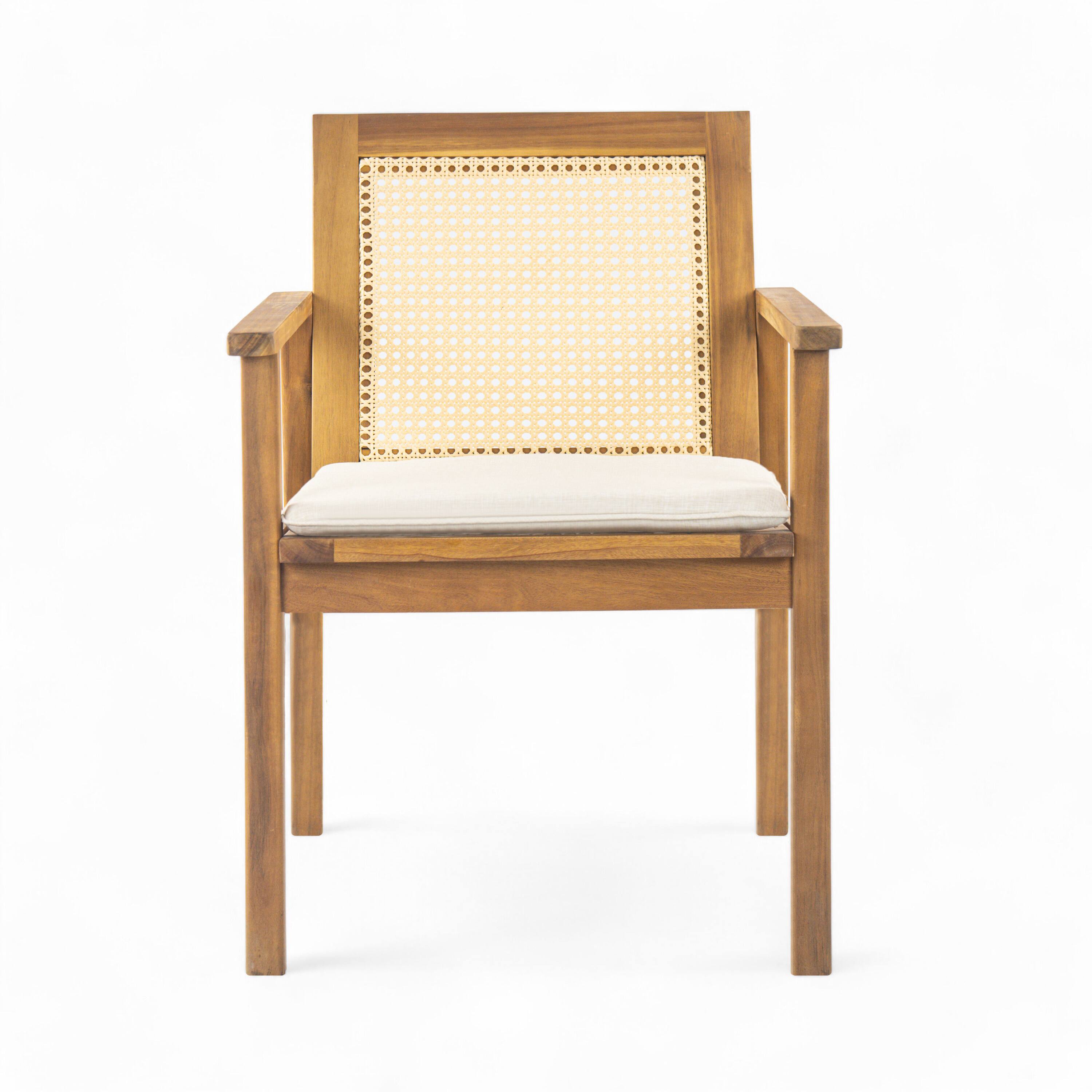 Back. Mondawe - Set of 2 Wicker Outdoor Dining Chair with Cushion - Teak+ Beige.