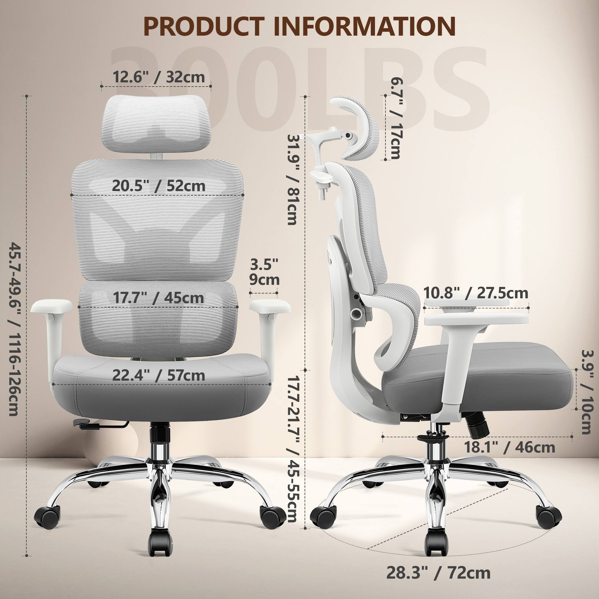 PRODUCT INFORMATION

- 12.6" / 32cm
- 20.5" / 52cm
- 17.7" / 45cm
- 22.4" / 57cm
- 3.5" / 9cm
- 10.8" / 27.5cm
- 6.7" / 17cm
- 31.9" / 81cm
- 18.1" / 46cm
- 28.3" / 72cm
- 45.7-49.6" / 116-126cm
- 17.7-21.7" / 45-55cm