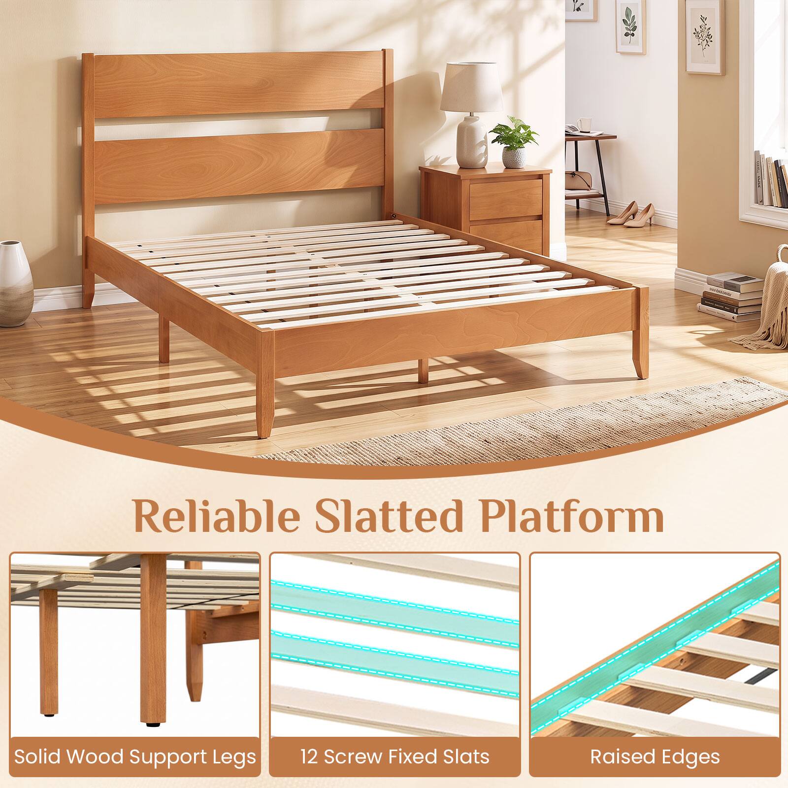 Reliable Slatted Platform  
Solid Wood Support Legs  
12 Screw Fixed Slats  
Raised Edges