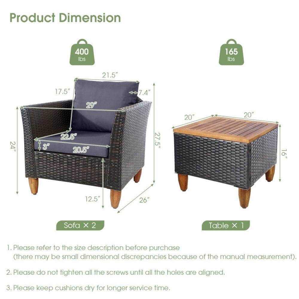 Product Dimension  
400 lbs  
165 lbs  
21.5"  
17.5"  
29"  
7.4"  
20"  
20"  
24"  
13"  
22.5"  
20.5"  
27.5"  
.91"  
12.5"  
26"  

Sofa X 2  
Table X 1  

1. Please refer to the size description before purchase (there may be small dimensional discrepancies because of the manual measurement).  
2. Please do not tighten all the screws until all the holes are aligned.  
3. Please keep cushions dry for longer service time.