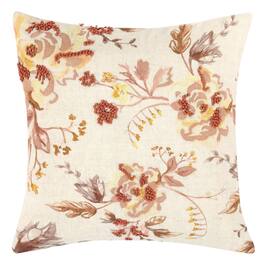 Manhattan Lane - Square Accent Throw Pillow, 20 Inch, Hand Applied Floral Accents - Cream, Clay Brown