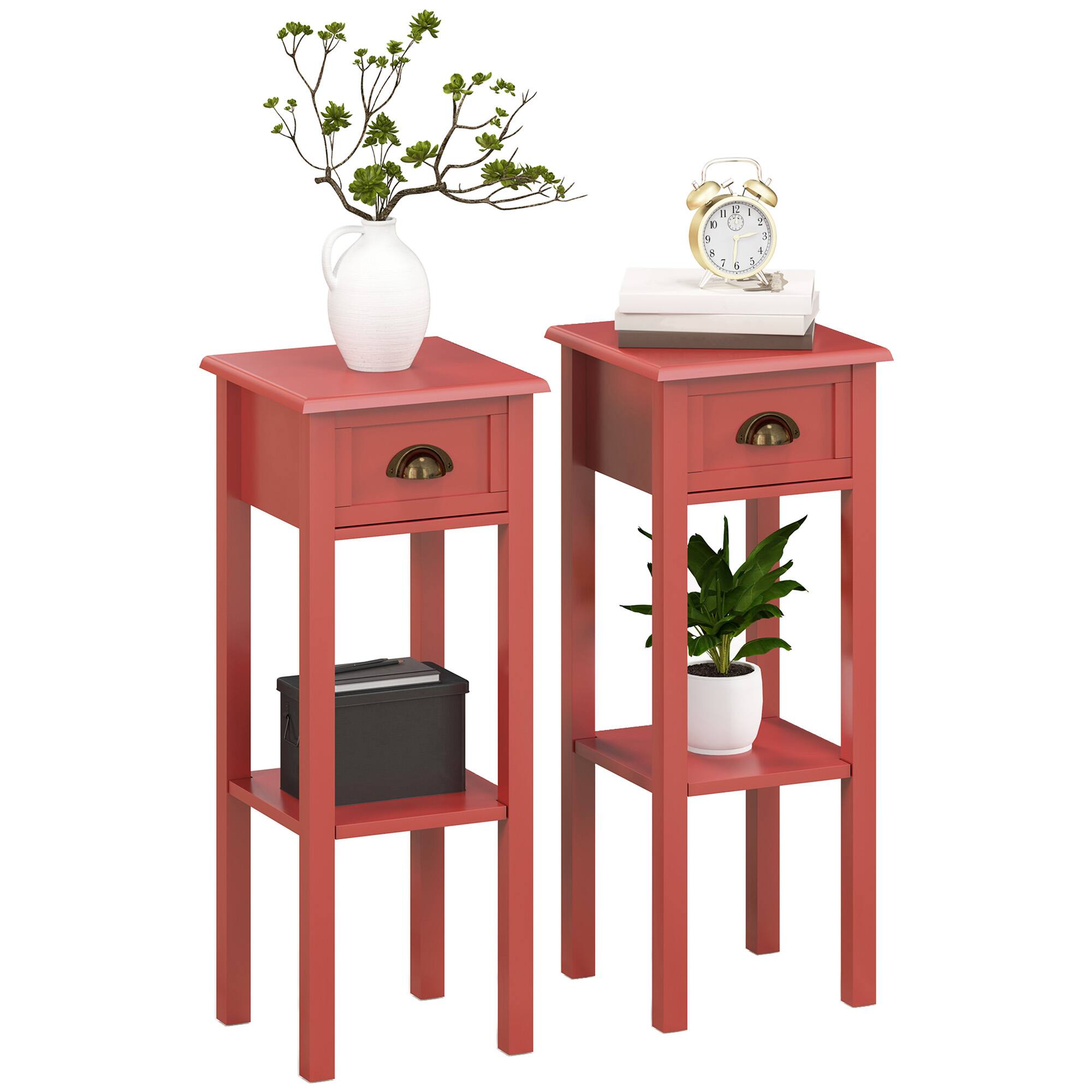 Homcom - 2-Tier Side Table with Drawer, Narrow End Table with Bottom Shelf, for Living Room, Set of 2 - Red