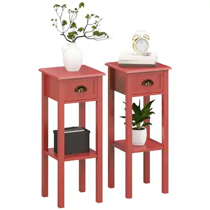 Front. Homcom - 2-Tier Side Table with Drawer, Narrow End Table with Bottom Shelf, for Living Room, Set of 2 - Red.