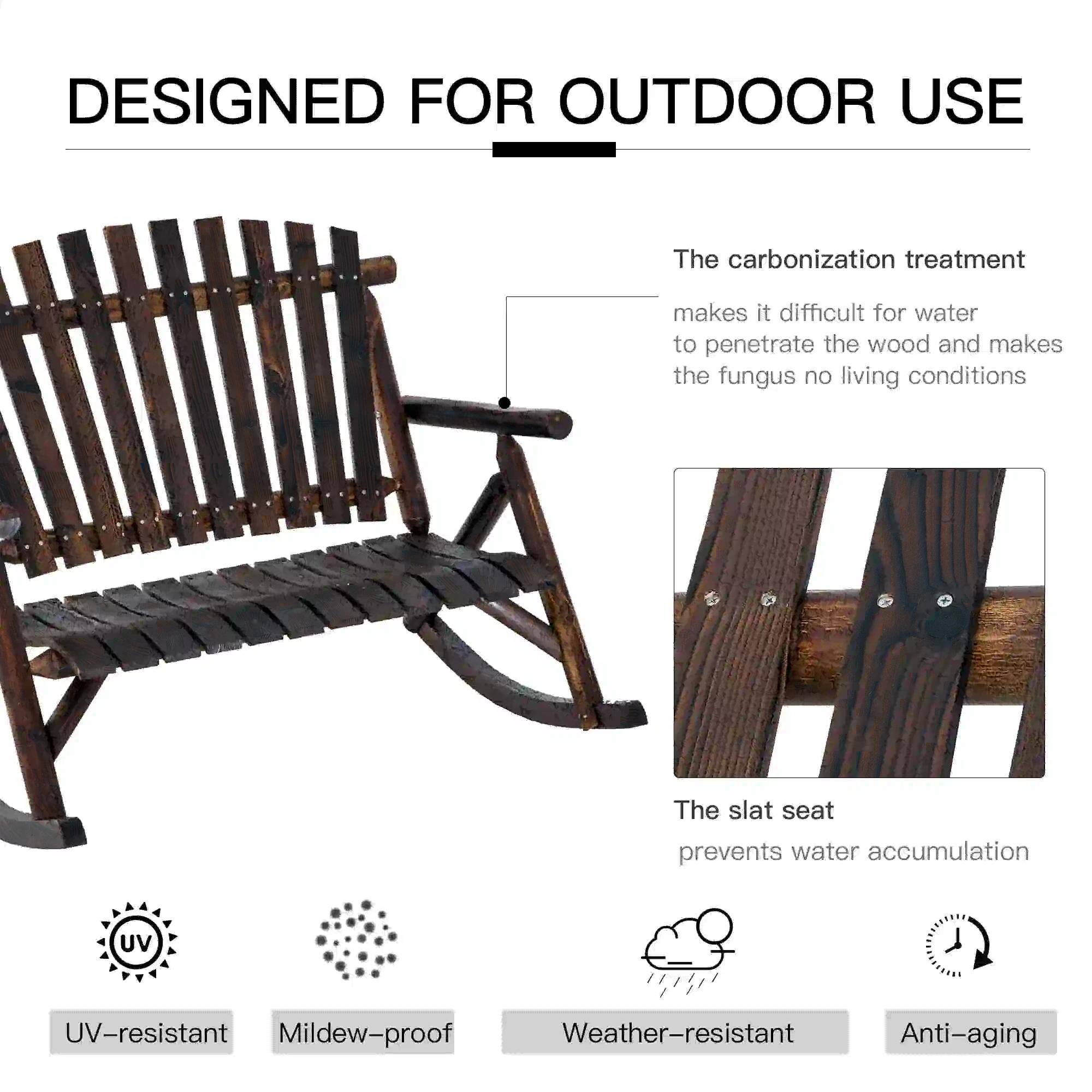 DESIGNED FOR OUTDOOR USE

The carbonization treatment makes it difficult for water to penetrate the wood and makes the fungus no living conditions

The slat seat prevents water accumulation

UV-resistant  
Mildew-proof  
Weather-resistant  
Anti-aging
