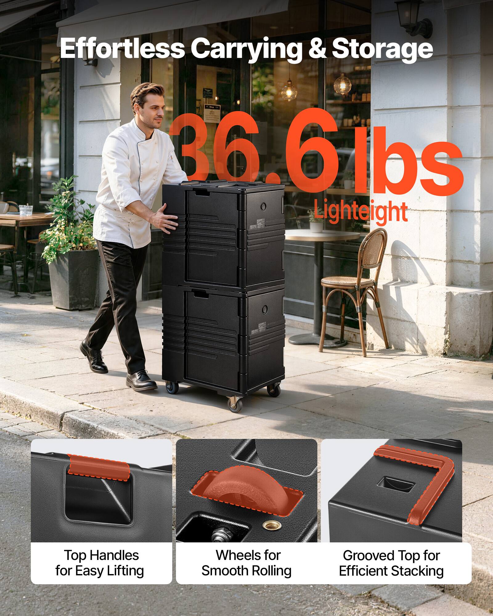 Effortless Carrying & Storage  
36.6 lbs Lightweight  
Top Handles for Easy Lifting  
Wheels for Smooth Rolling  
Grooved Top for Efficient Stacking