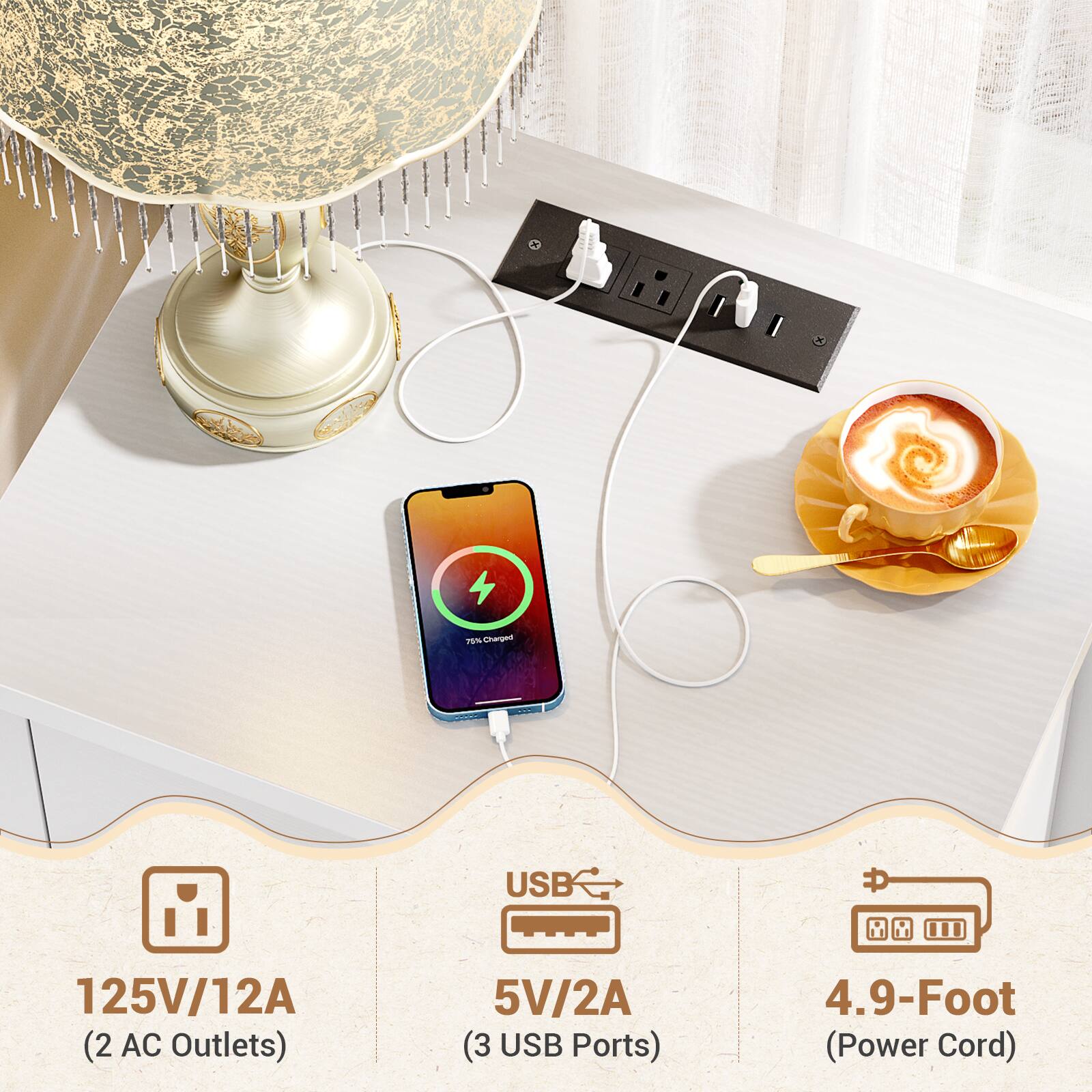 P0 - nar USB 125V/12A (2 AC Outlets) 5V/2A (3 USB Ports) 4.9-Foot (Power Cord)