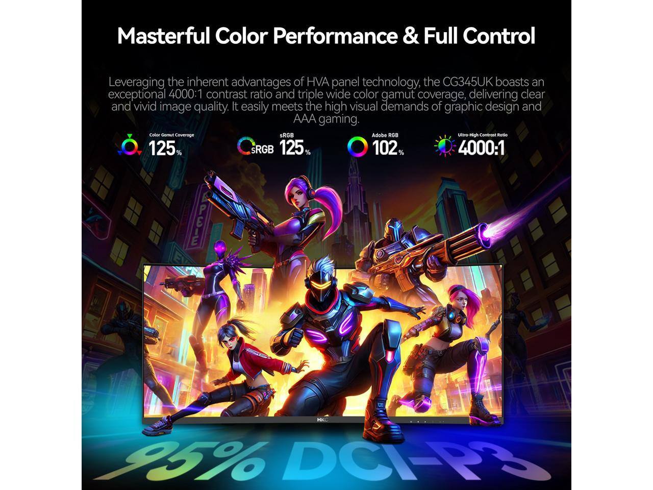 Masterful Color Performance & Full Control

Leveraging the inherent advantages of HVA panel technology, the CG345UK boasts an exceptional 4000:1 contrast ratio and triple wide color gamut coverage, delivering clear and vivid image quality. It easily meets the high visual demands of graphic design and AAA gaming.

- Color Gamut Coverage
  - sRGB 125%
  - Adobe RGB 102%
  - Ultra-High Contrast Ratio 4000:1
  - 95% DCI-P3