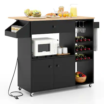 Front. Costway - Costway Drop Leaf Kitchen Island Cart with Power Outlet Mobile Buffet Storage Cart with Microwave Shelf - Black.