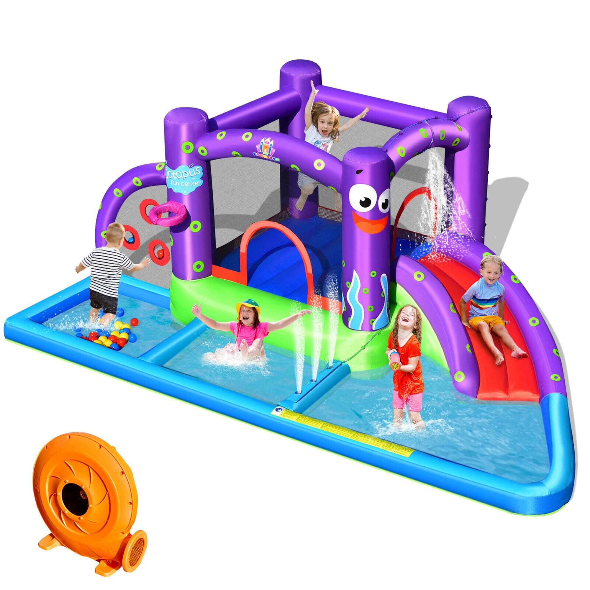 Costway - Inflatable Water Slide Castle Kids Bounce House w/ Octopus Style & 750W Blower - Multicolor