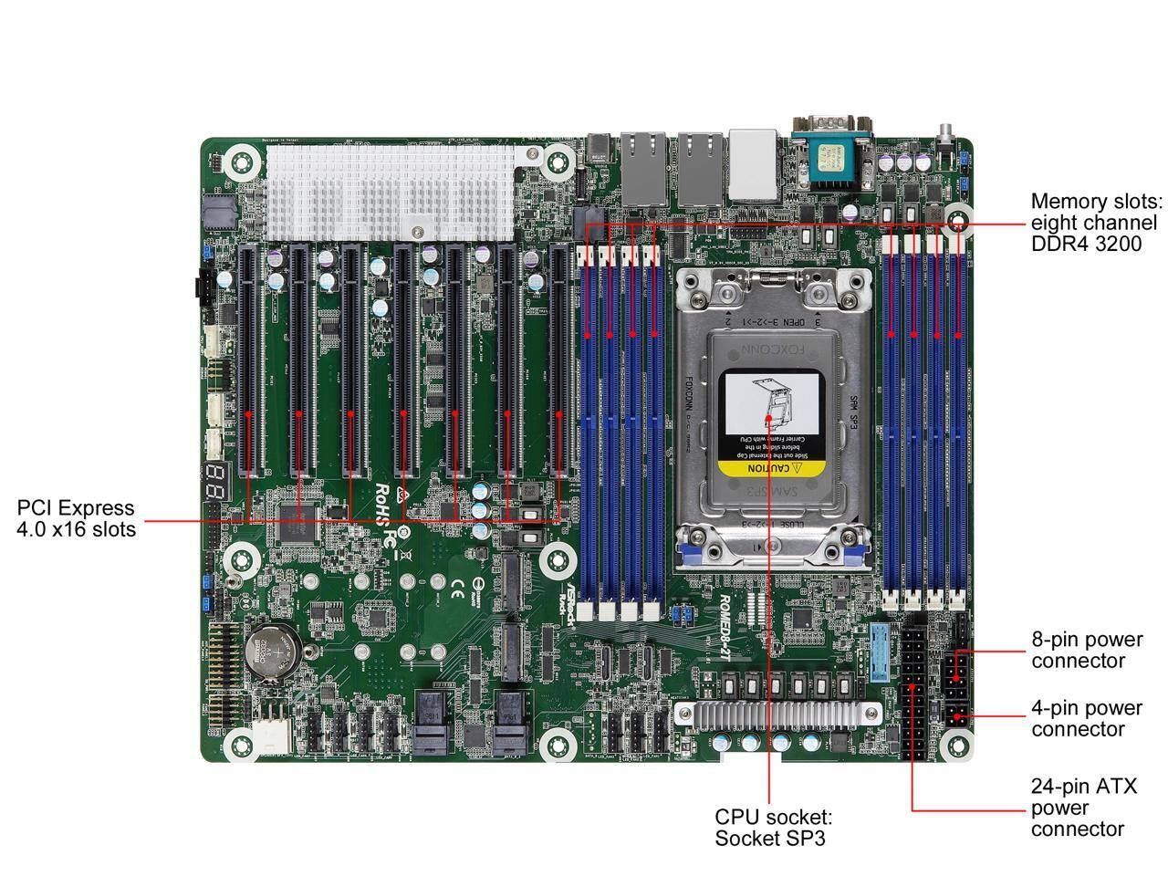 Memory slots: eight channel DDR4 3200  
PCI Express 4.0 x16 slots  
CPU socket: Socket SP3  
24-pin ATX power connector  
8-pin power connector  
4-pin power connector