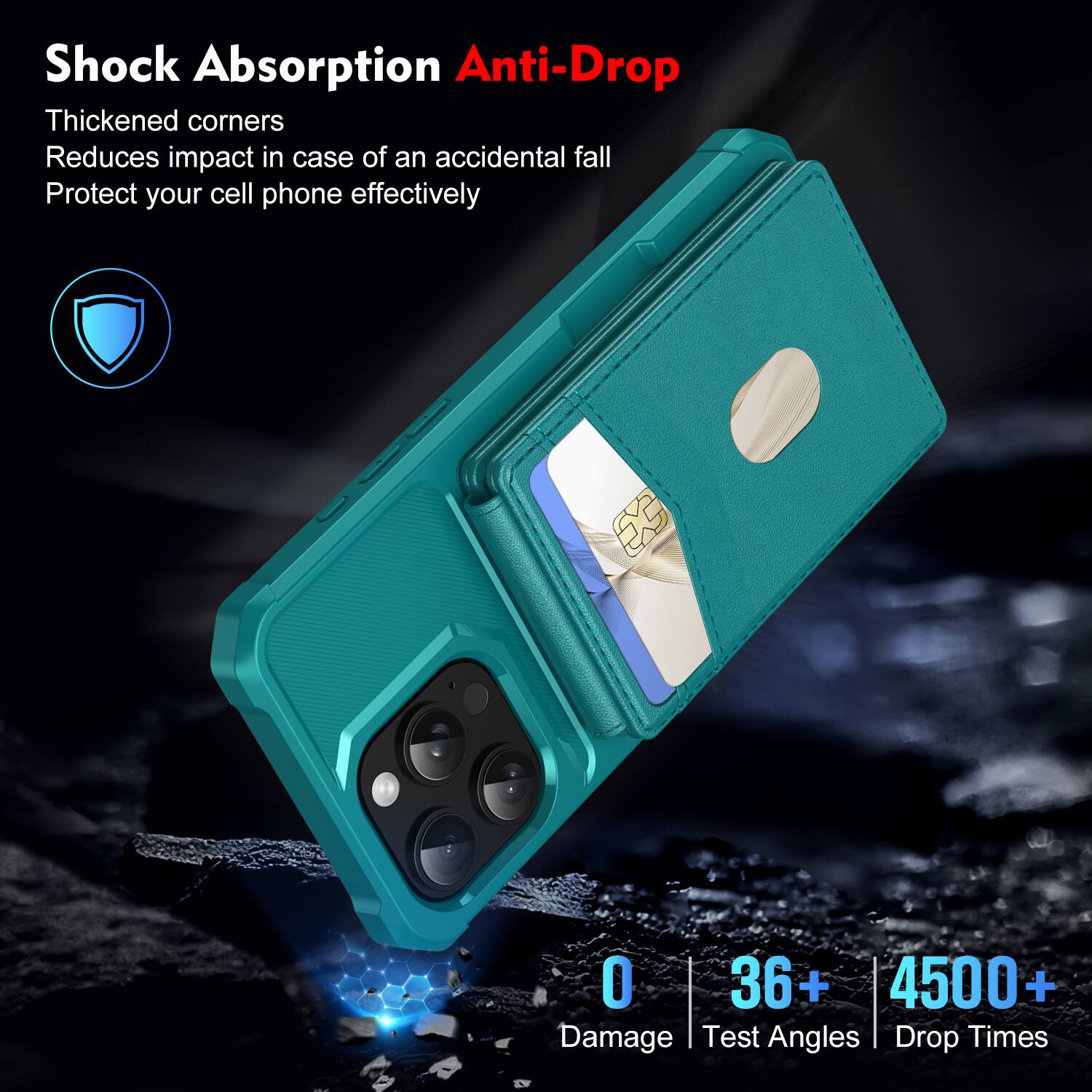 Shock Absorption Anti-Drop  
Thickened corners  
Reduces impact in case of an accidental fall  
Protect your cell phone effectively  

0 Damage  
36+ Test Angles  
4500+ Drop Times
