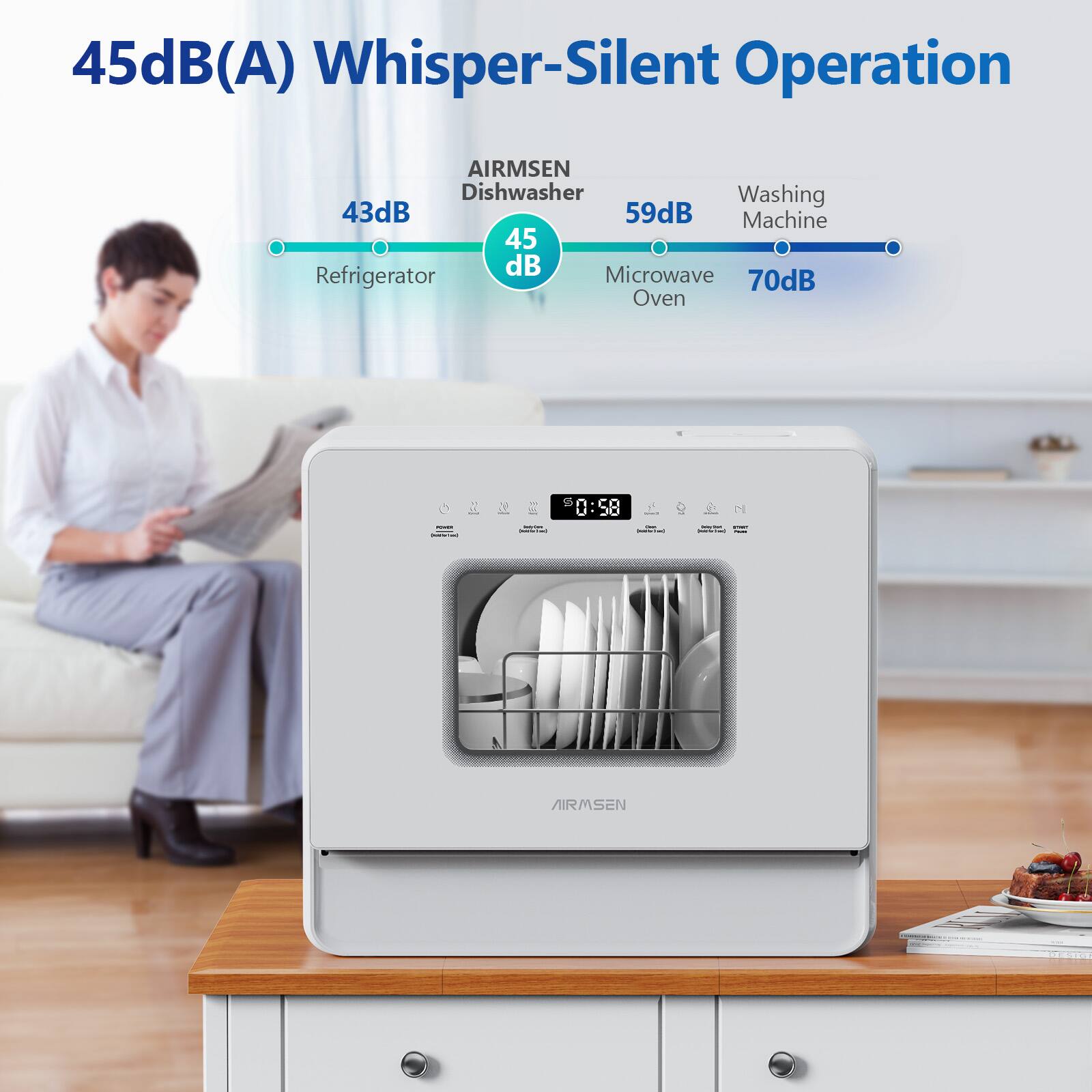 45dB(A) Whisper-Silent Operation AIRMSEN Dishwasher 43dB Refrigerator 59dB Microwave Oven 70dB Washing Machine I : 1 t :58 - N AIRMSEN
