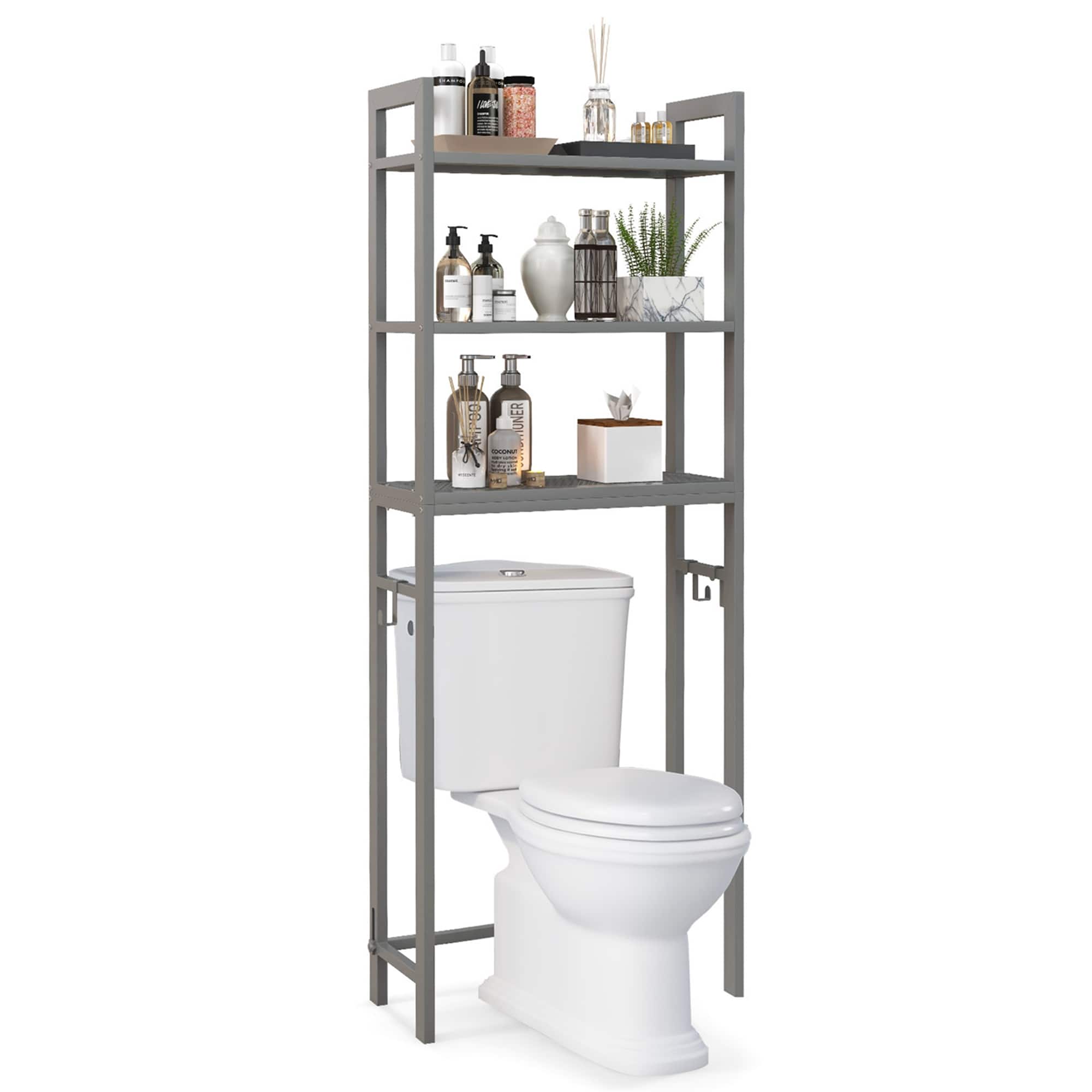 Front. Costway - Costway Over-The-Toilet Storage Shelf Space Saving Metal Bathroom Organizer Hooks Grey - Grey.