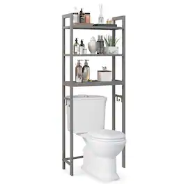 Costway - Over-The-Toilet Storage Shelf Space Saving Metal Bathroom Organizer Hooks Grey - Gray