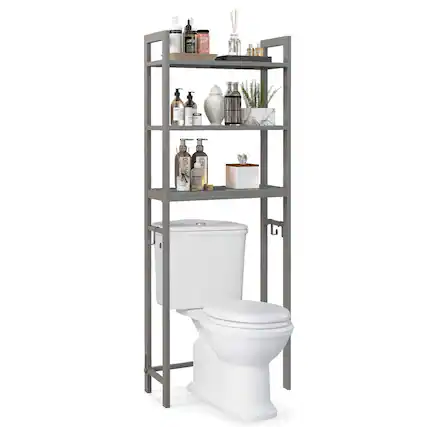 Front. Costway - Costway Over-The-Toilet Storage Shelf Space Saving Metal Bathroom Organizer Hooks Grey - Grey.