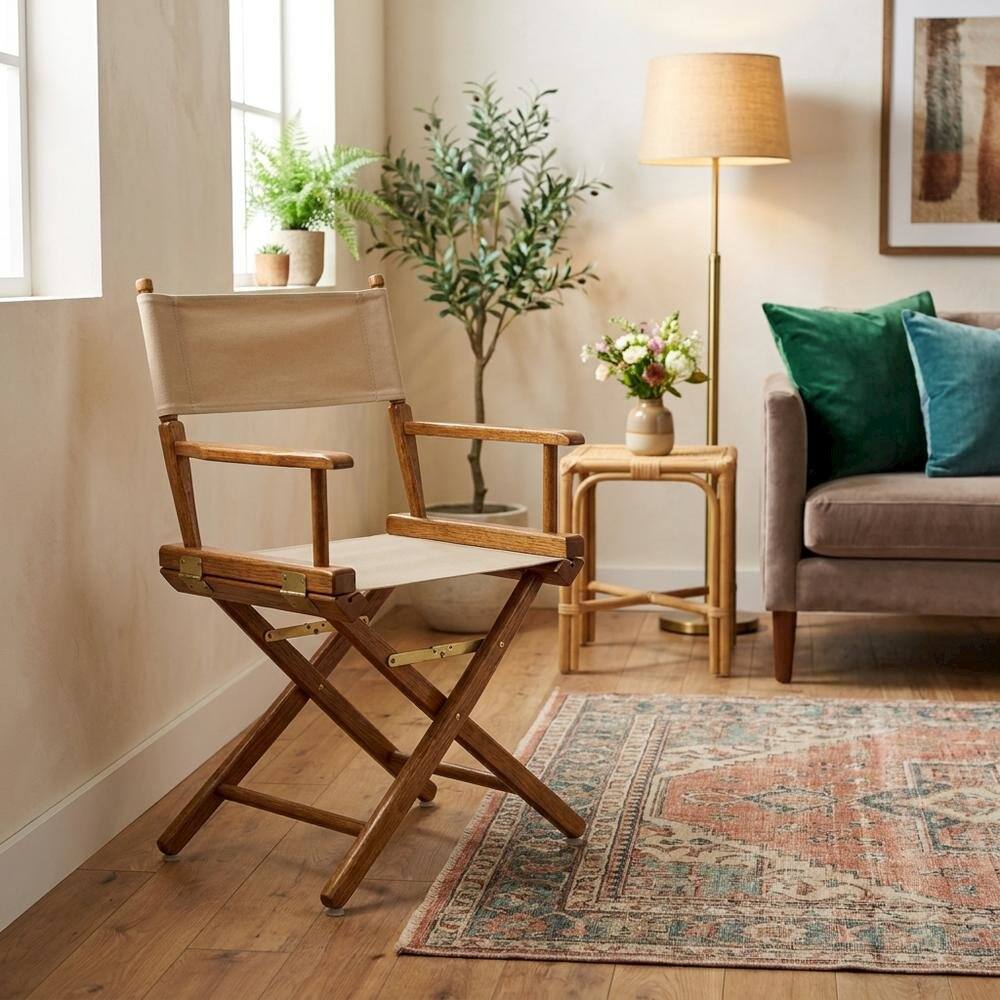 Alt View 3. FurniFact - Beige Extra-Wide Director's Chair - Mission Oak Frame/ Natural Canvas.
