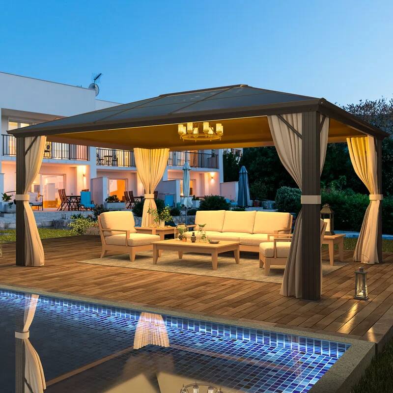 Angle. U-HOMY - Aluminum Hardtop Pergola Gazebo with Netting & Curtains for Patio and Backyard - 10'x12'.