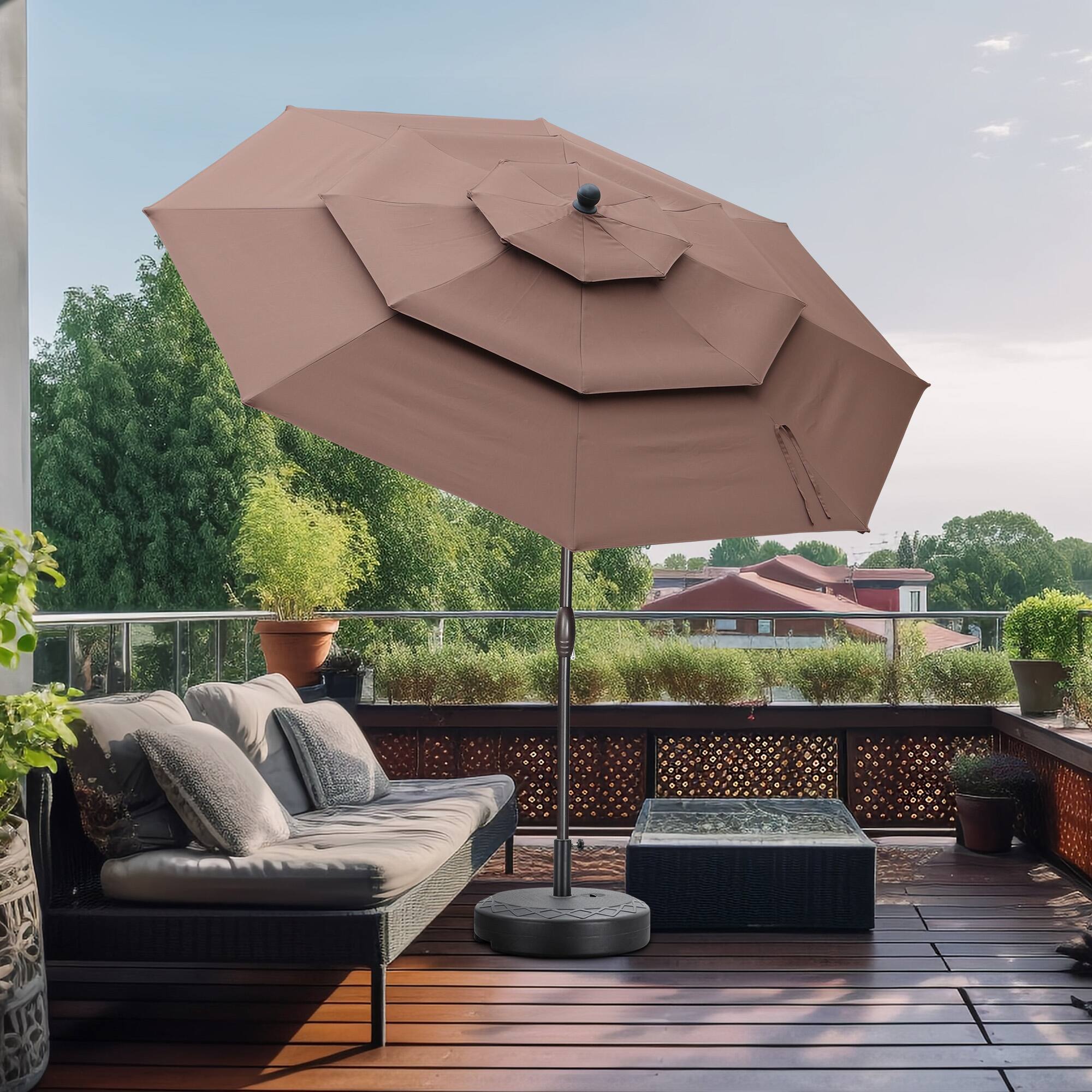 Angle. Ainfox - Ainfox 10 FT Outdoor Patio Umbrella with Base 3 Tiers Adjustable Umbrella with Crank & Tilt for Patio Backyard Poolside - Coffee.