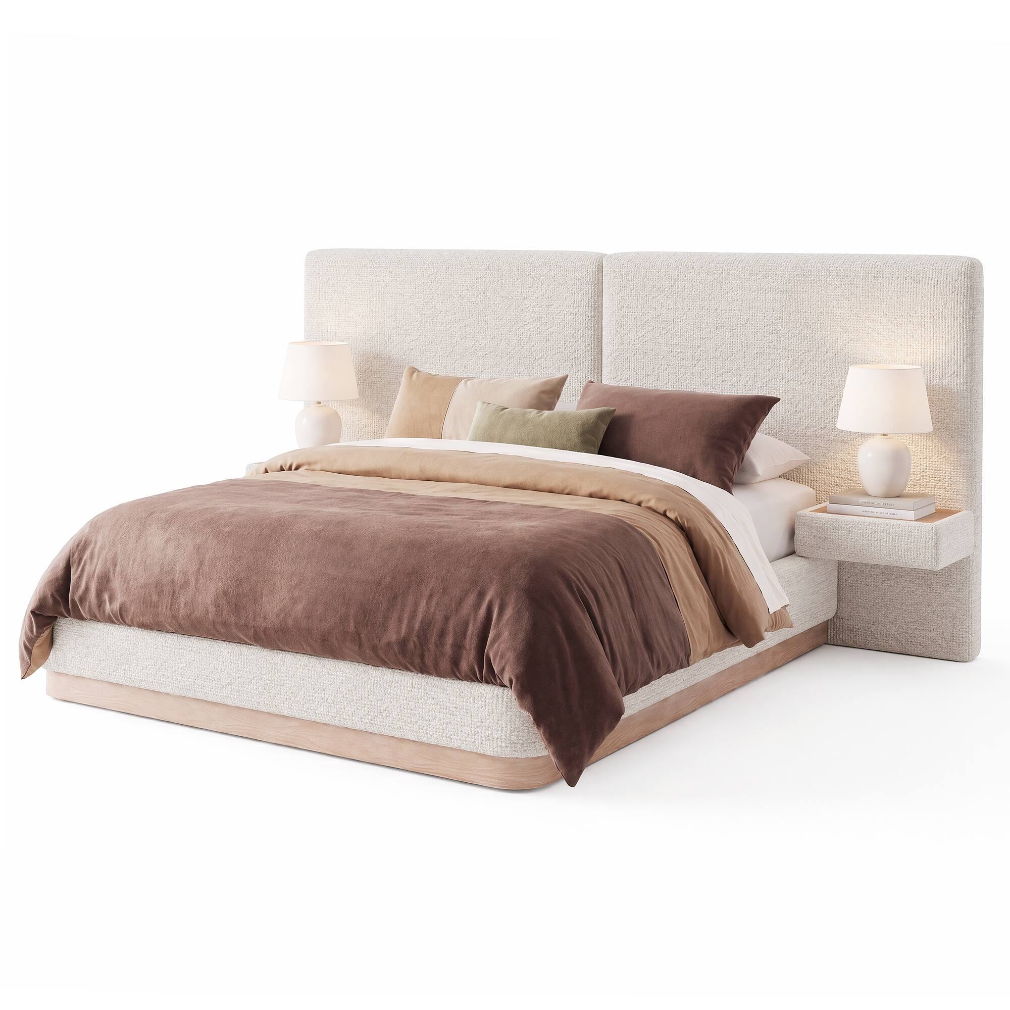 Alt View 5. ModernMate - Wide Headboard Bed Frame with 2 Nightstands Upholstered Platform Bed with Footboard - Beige.
