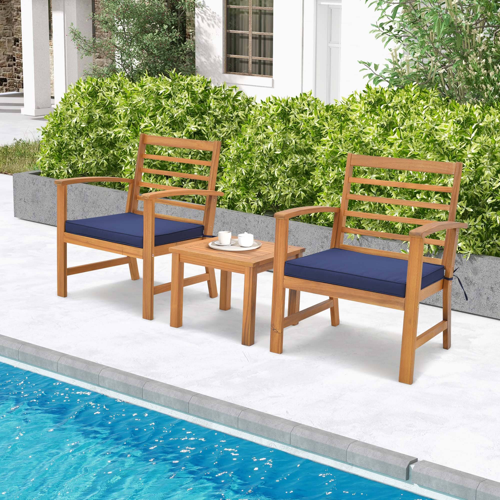 Alt View 1. Costway - Costway 3 PCS Outdoor Furniture Set Acacia Wood Conversation Set with Soft Seat Cushions - Navy.