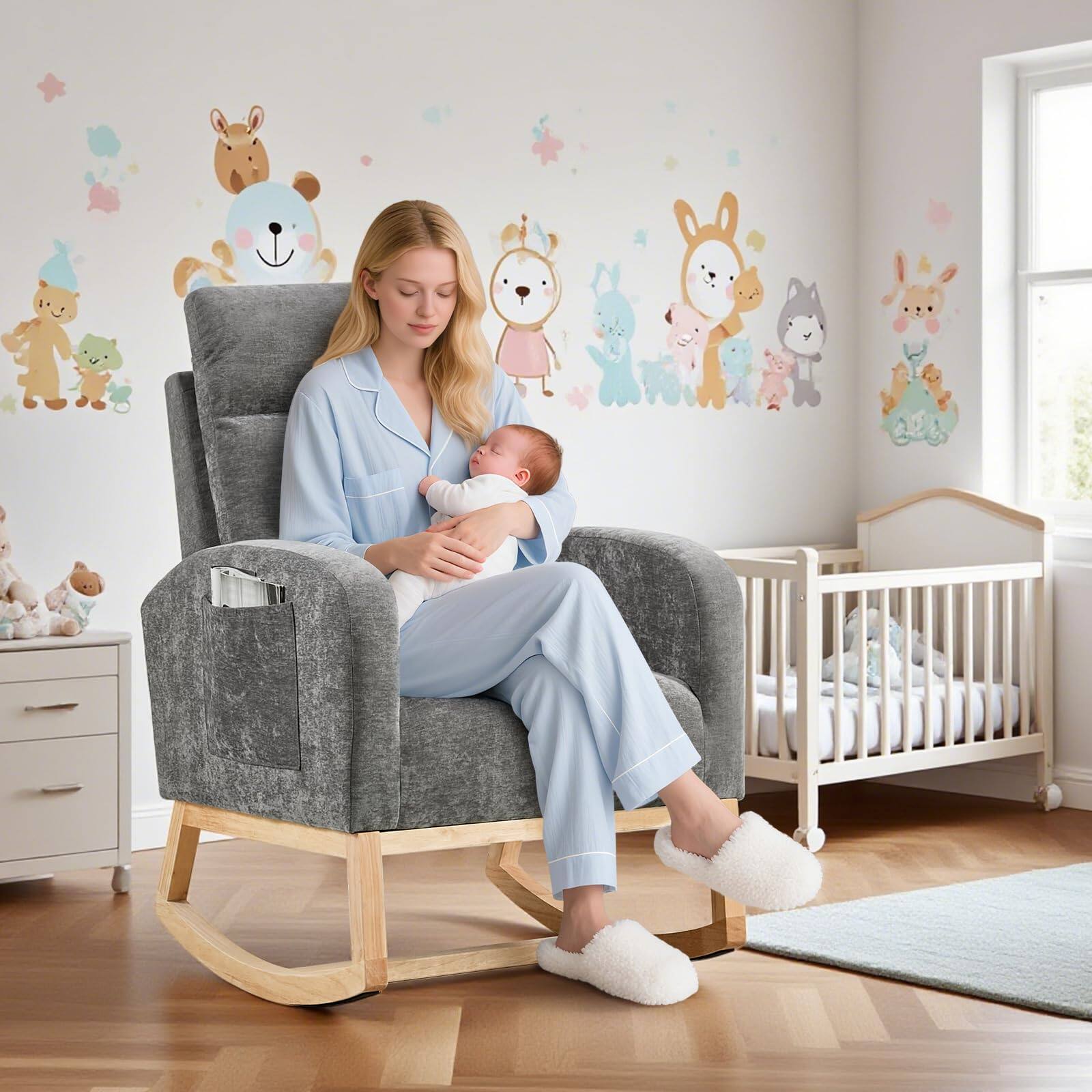 Alt View 3. Babevy - Rocking Nursery Chair, Upholstered Armchair with High Backrest, Wood Base & Side Pocket for Mom - Gray Linen.