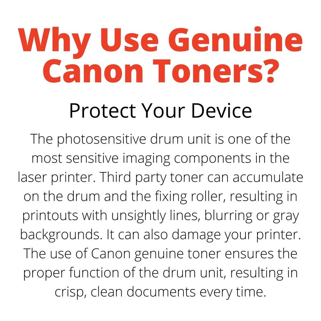 Why Use Genuine Canon Toners?

Protect Your Device

The photosensitive drum unit is one of the most sensitive imaging components in the laser printer. Third-party toner can accumulate on the drum and the fixing roller, resulting in printouts with unsightly lines, blurring, or gray backgrounds. It can also damage your printer. The use of Canon genuine toner ensures the proper function of the drum unit, resulting in crisp, clean documents every time.