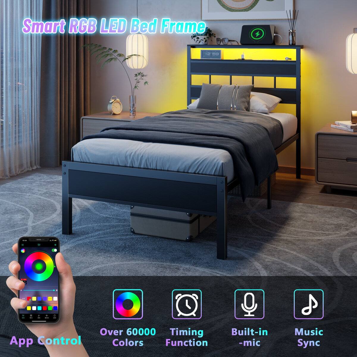 Smart RGB LED Bed Frame

- Over 60000 Colors
- Timing Function
- Built-in Mic
- Music Sync

App Control
