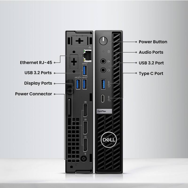 + I Power Button Ethernet RJ-45 USB 3.2 Ports Display Ports Power Connector + 2  O I & Audio Ports USB 3.2 Port Type C Port OptiPlex 1 DOLL