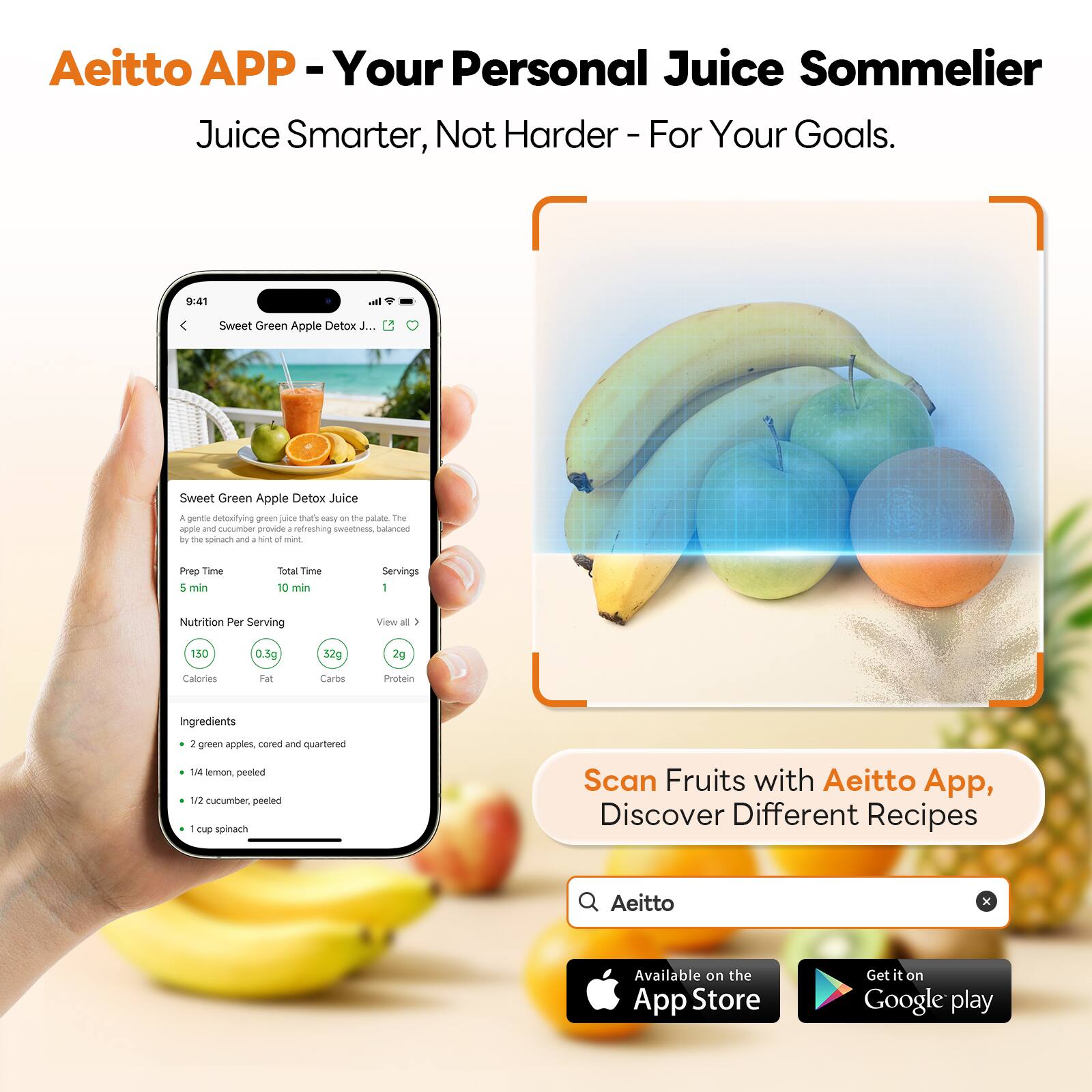 Aeitto APP - Your Personal Juice Sommelier  
Juice Smarter, Not Harder - For Your Goals.

Sweet Green Apple Detox Juice  
A gentle detoxifying green juice that's easy on the palate. The apple and cucumber provide refreshing sweetness, balanced by the spinach and a hint of mint.

Prep Time: 5 min  
Total Time: 10 min  
Servings: 1

Nutrition Per Serving:  
130 Calories  
0.3g Fat  
32g Carbs  
2g Protein

Ingredients:  
- 2 green apples, cored and quartered  
- 1/4 lemon, peeled  
- 1/2 cucumber, peeled  
- 1 cup spinach

Scan Fruits with Aeitto App, Discover Different Recipes

Available on the App Store  
Get it on Google Play