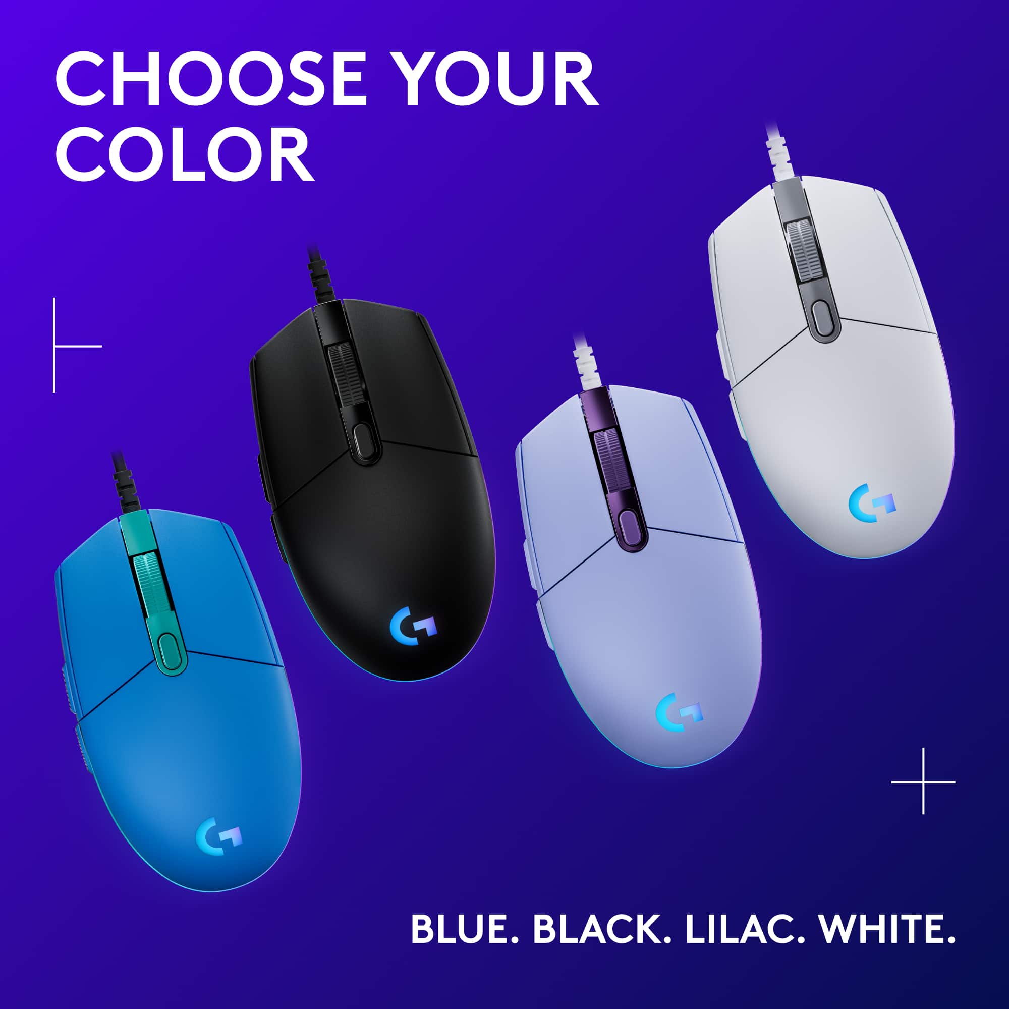 Choose your color: Blue, Black, Lilac, White.
